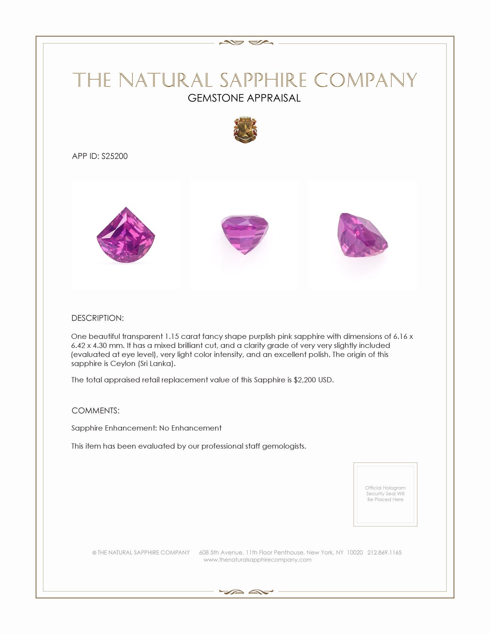 1.15 Ct. Purplish Pink Sapphire from Ceylon (Sri Lanka)
