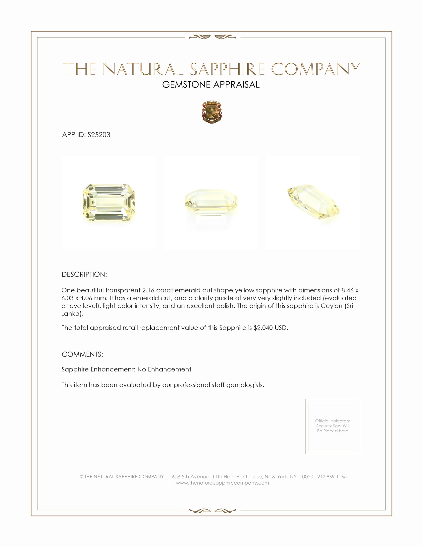 2.16 Ct. Yellow Sapphire from Ceylon (Sri Lanka)