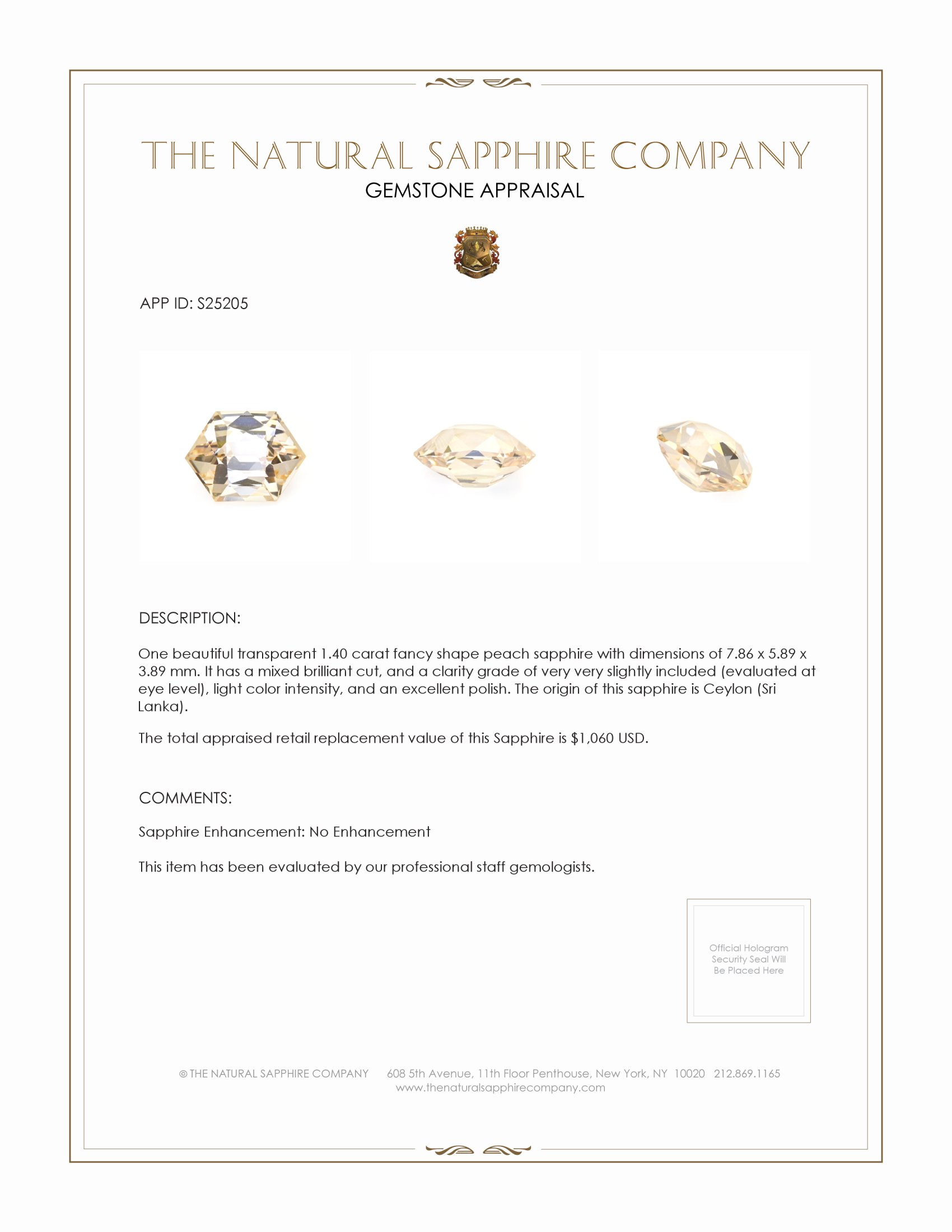 1.40 Ct. Peach Sapphire from Ceylon (Sri Lanka)