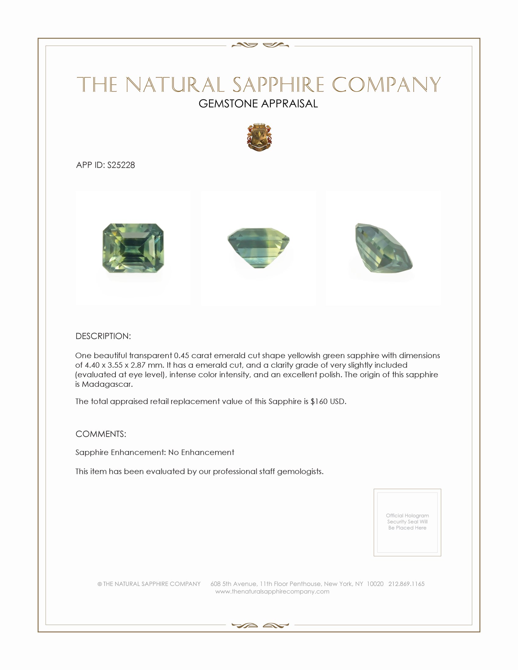 0.45 Ct. Yellowish Green Sapphire from Madagascar