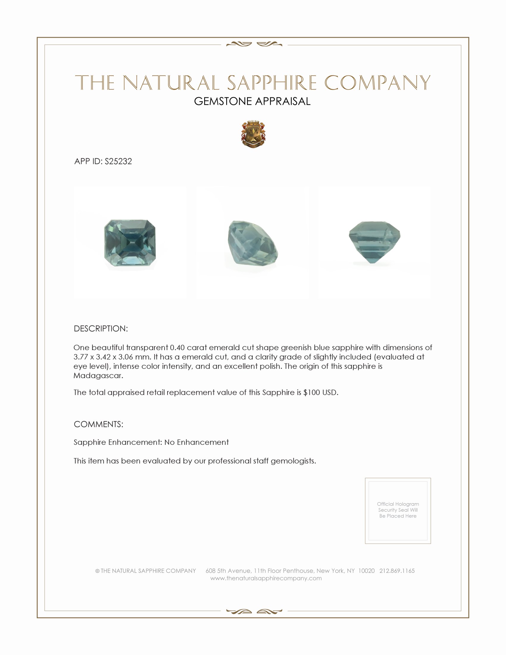 0.40 Ct. Greenish Blue Sapphire from Madagascar