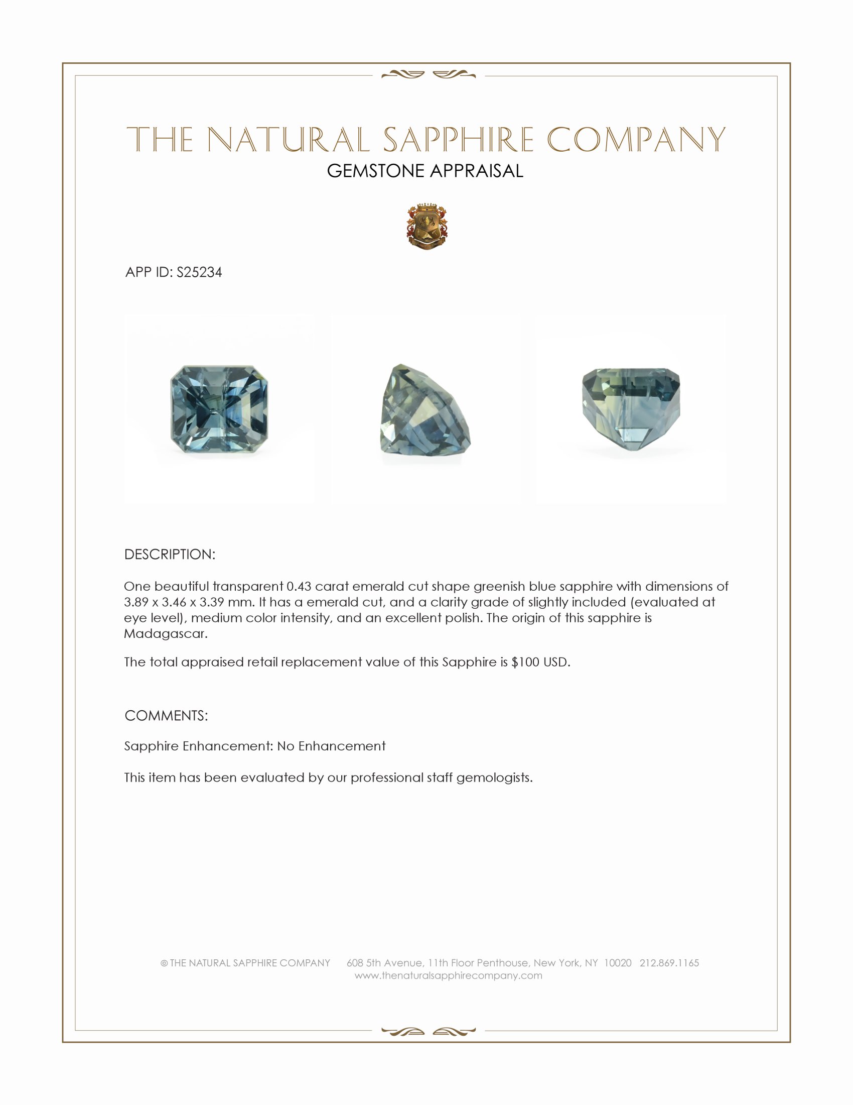 0.43 Ct. Greenish Blue Sapphire from Madagascar