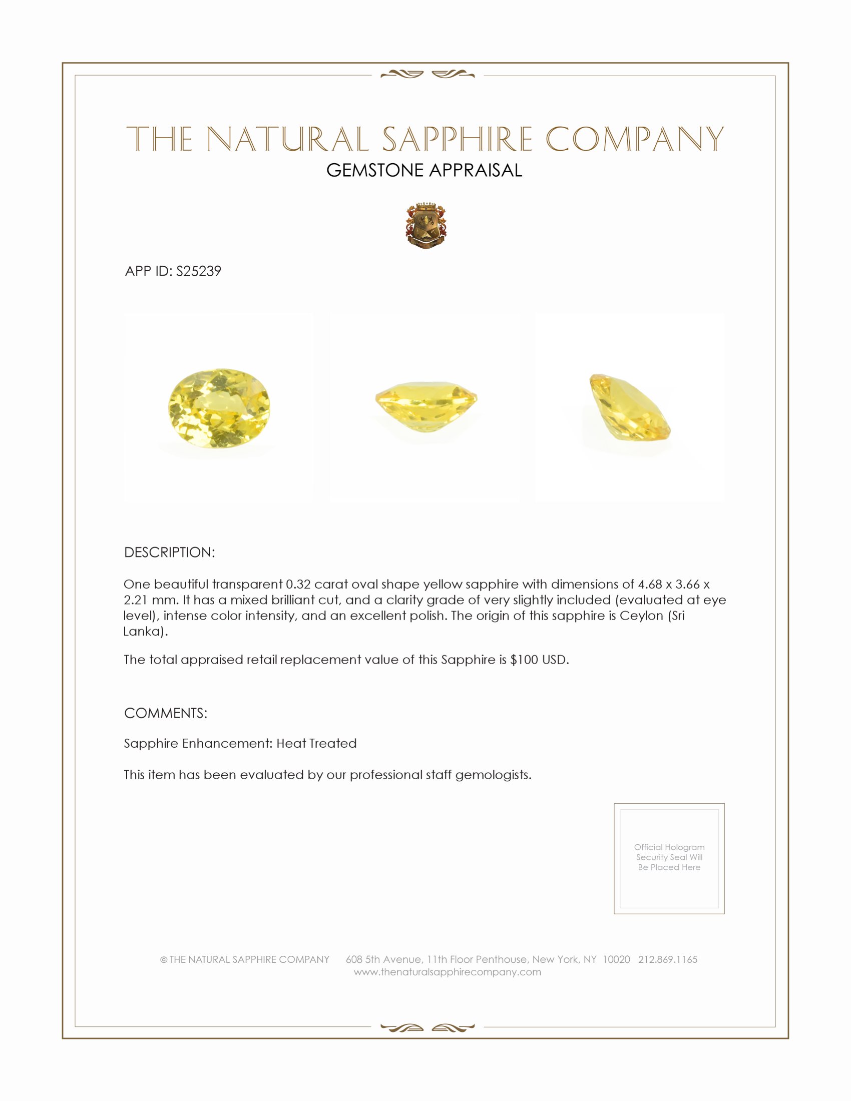 0.32 Ct. Yellow Sapphire from Ceylon (Sri Lanka)