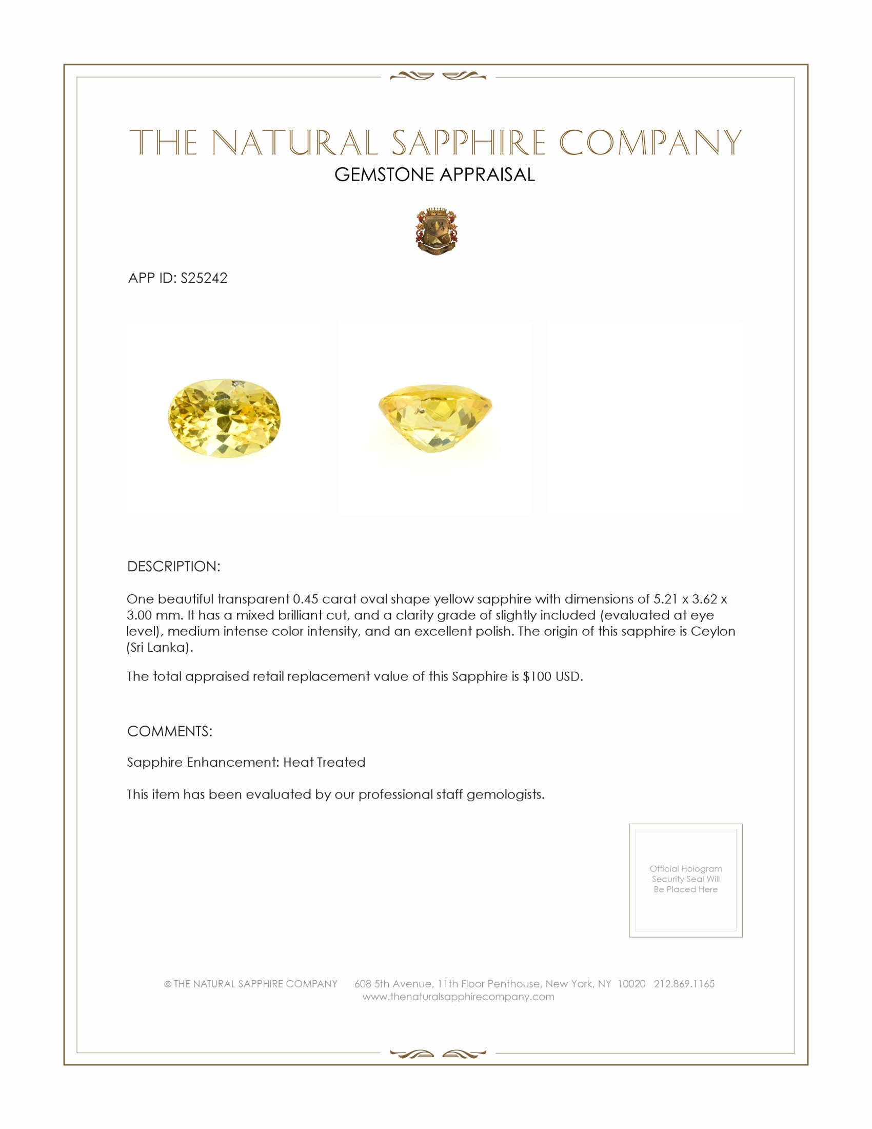 0.45 Ct. Yellow Sapphire from Ceylon (Sri Lanka)