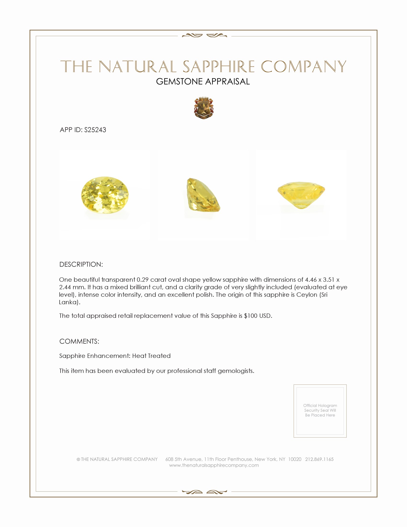 0.29 Ct. Yellow Sapphire from Ceylon (Sri Lanka)