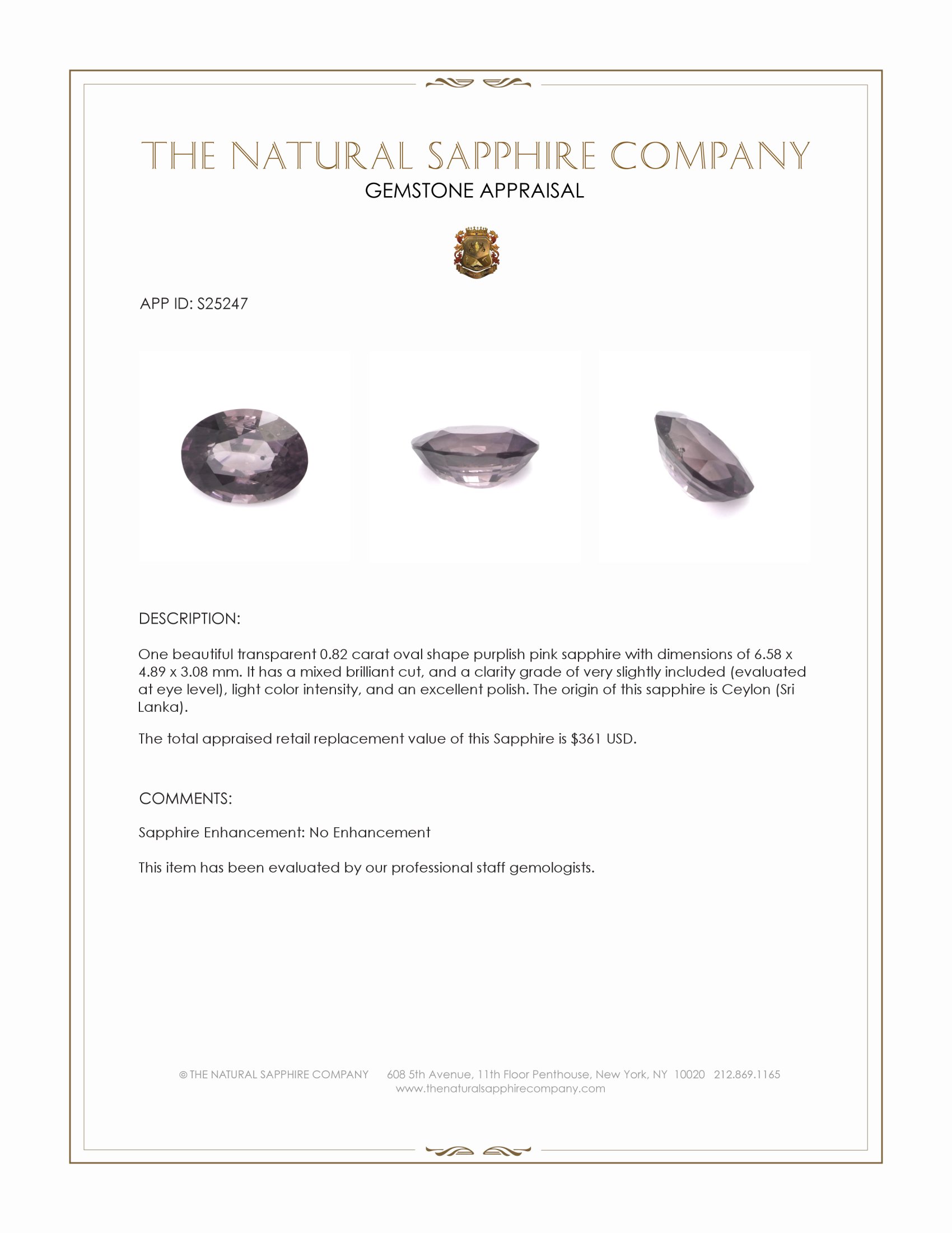 0.82 Ct. Purplish Pink Sapphire from Ceylon (Sri Lanka)