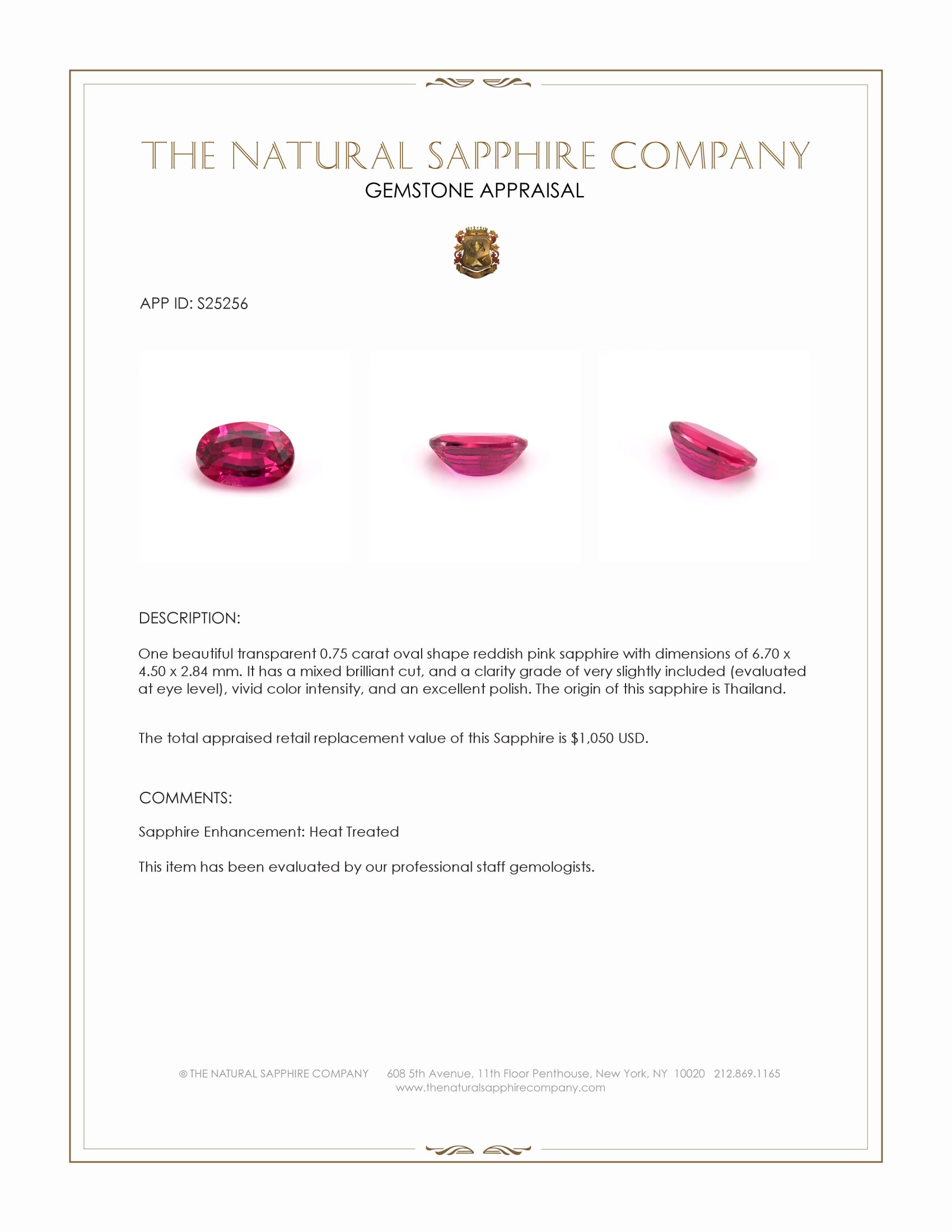 0.75 Ct. Reddish Pink Sapphire from Thailand