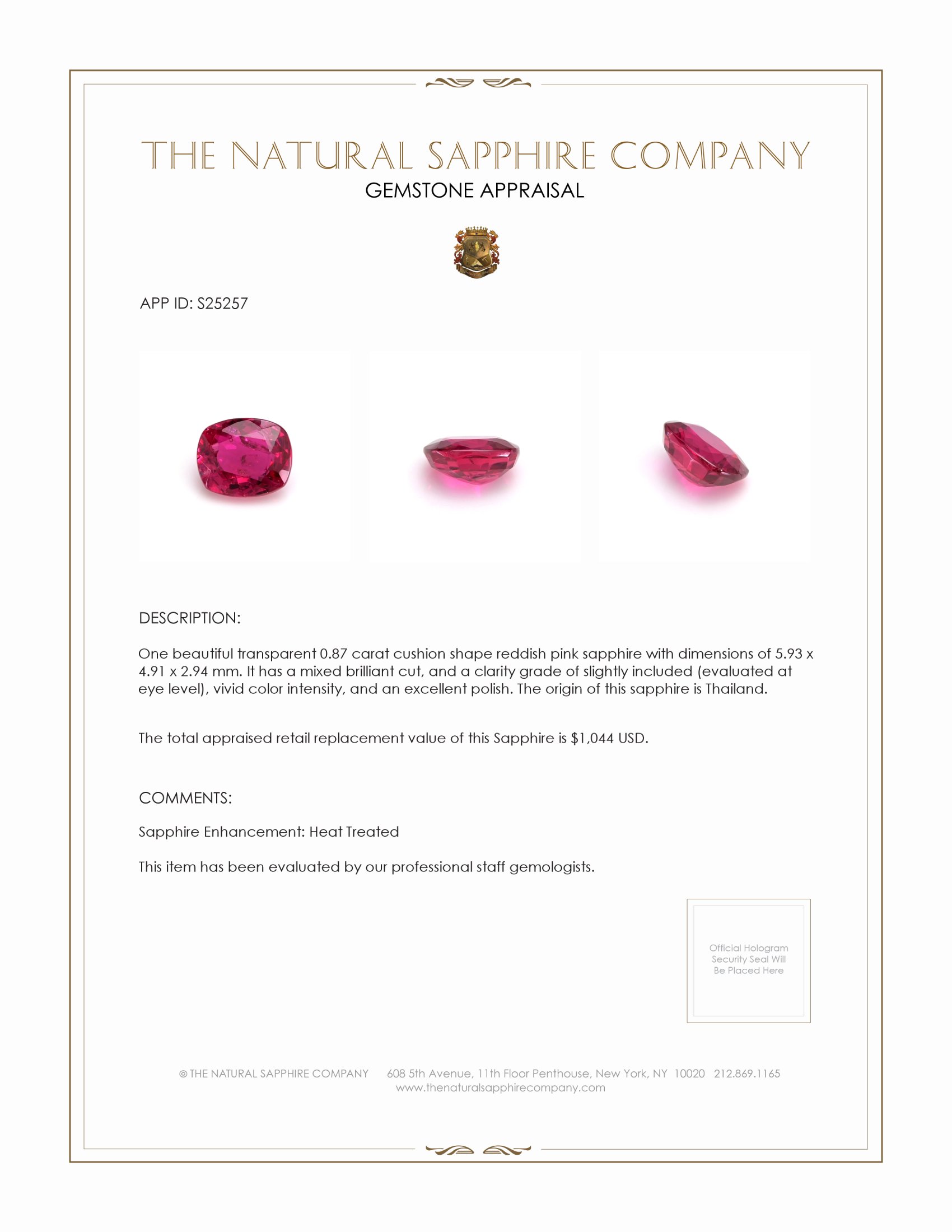 0.87 Ct. Reddish Pink Sapphire from Thailand