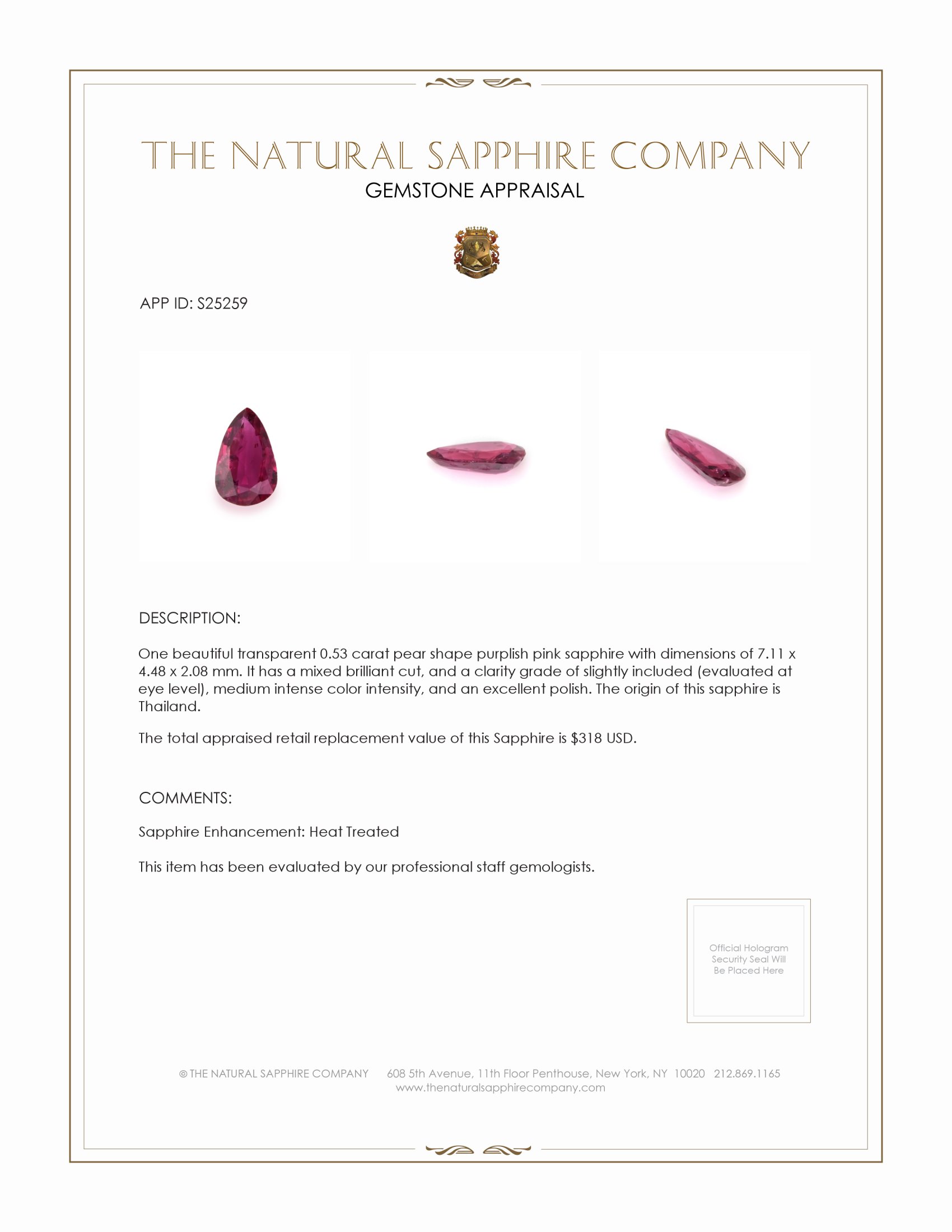 0.53 Ct. Purplish Pink Sapphire from Thailand