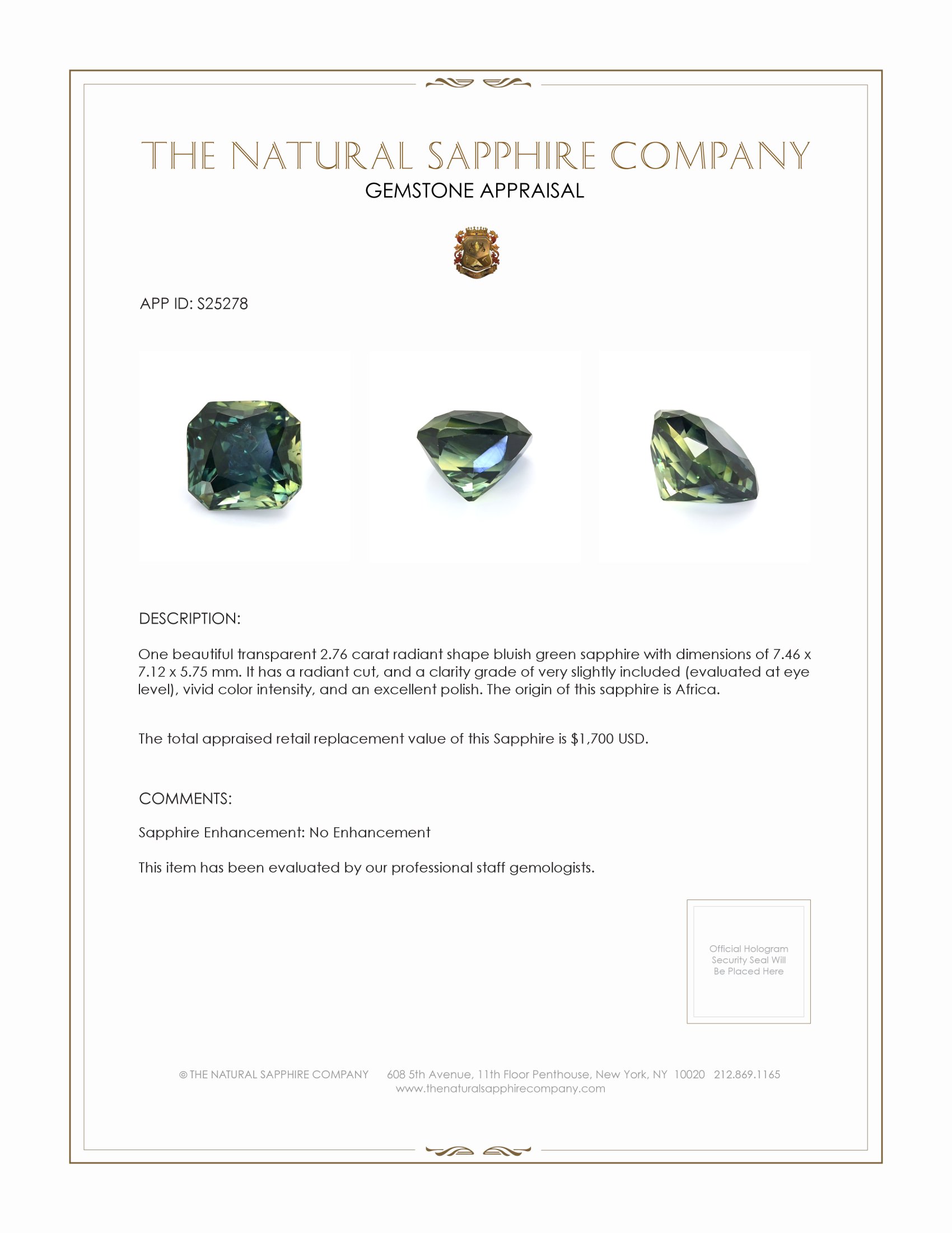 2.76 Ct. Bluish Green Sapphire from Africa