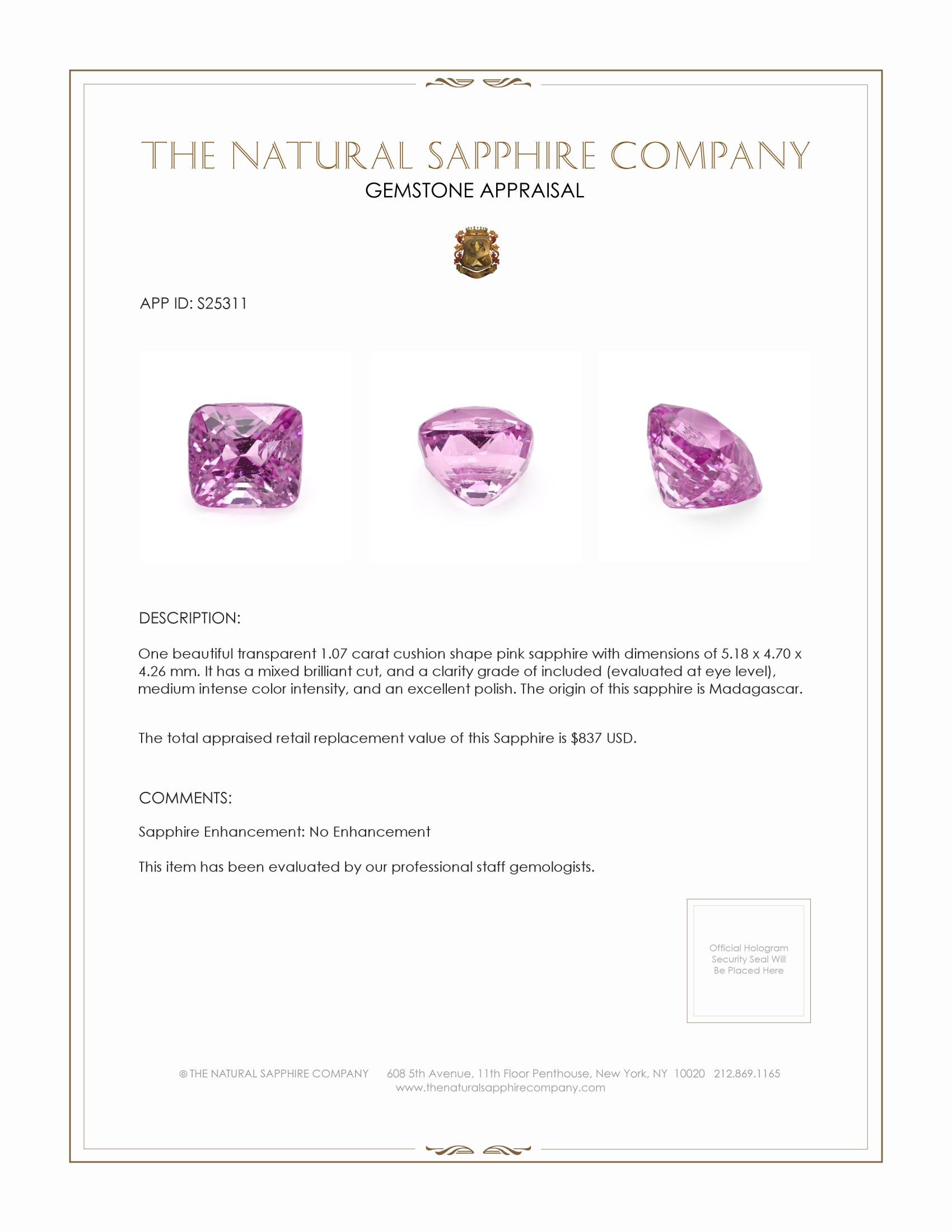 1.07 Ct. Pink Sapphire from Madagascar