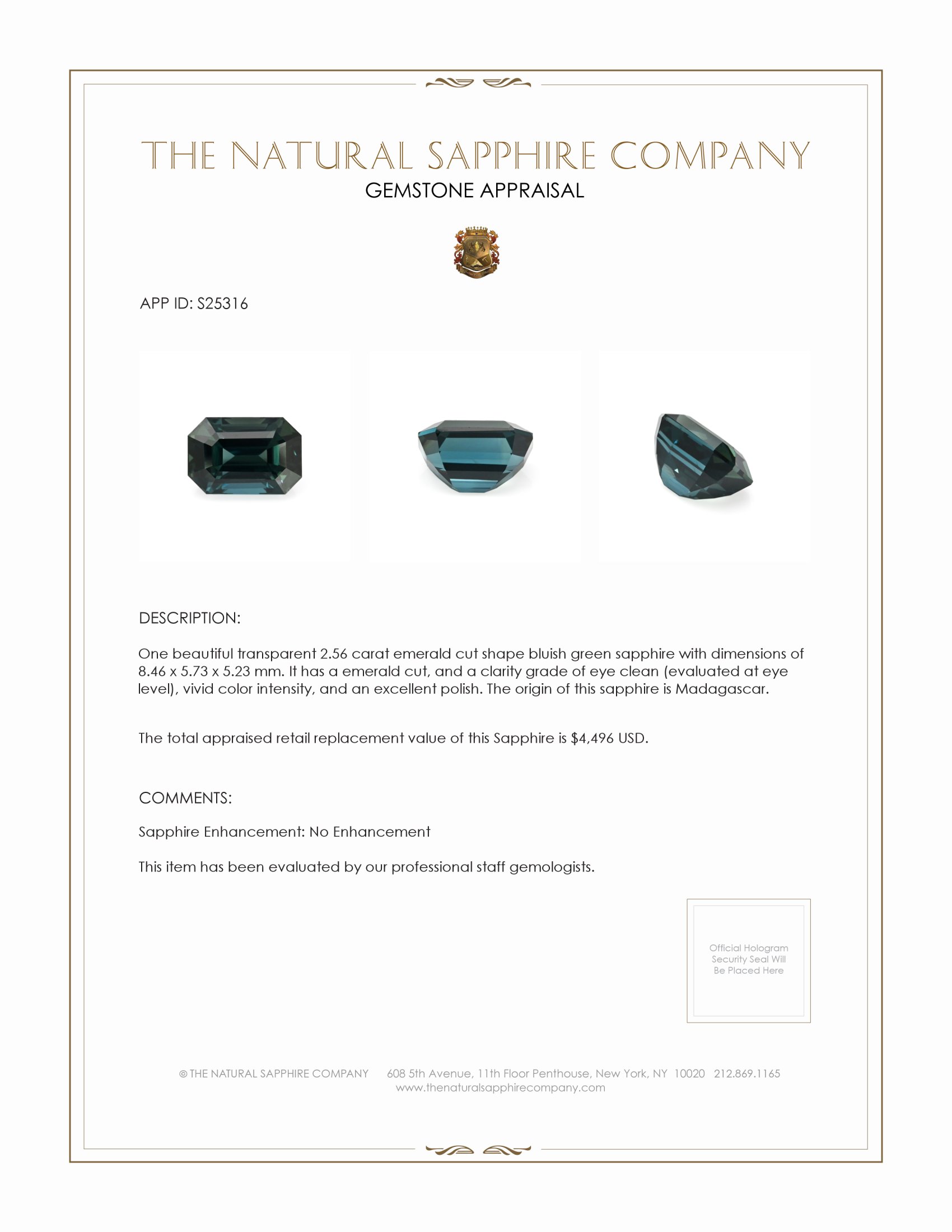 2.56 Ct. Bluish Green Sapphire from Madagascar