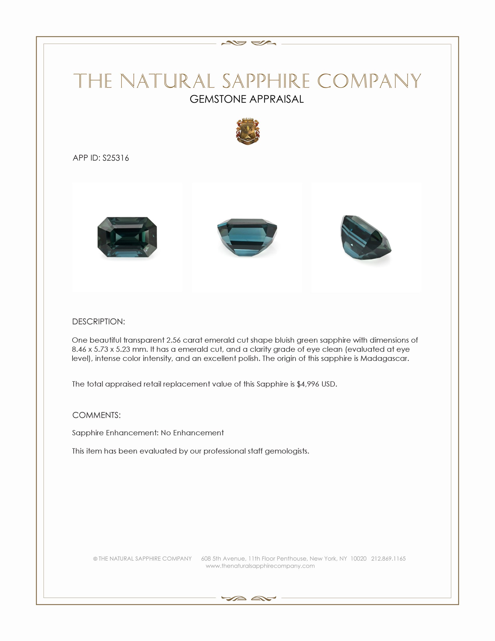 2.56 Ct. Bluish Green Sapphire from Madagascar