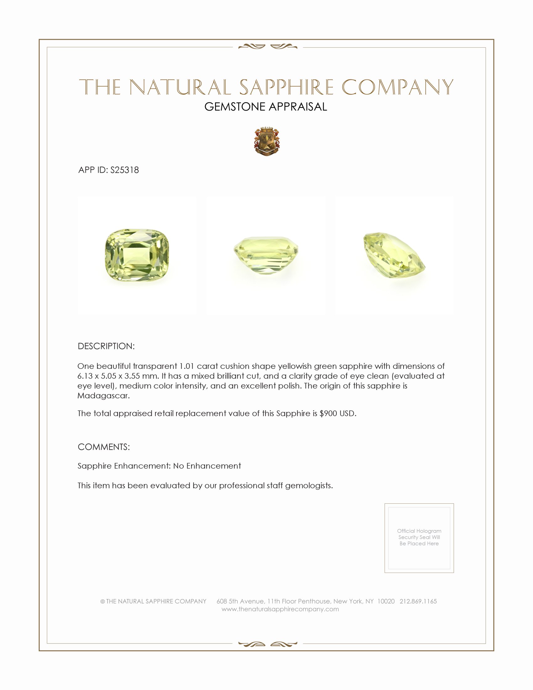 1.01 Ct. Yellowish Green Sapphire from Madagascar