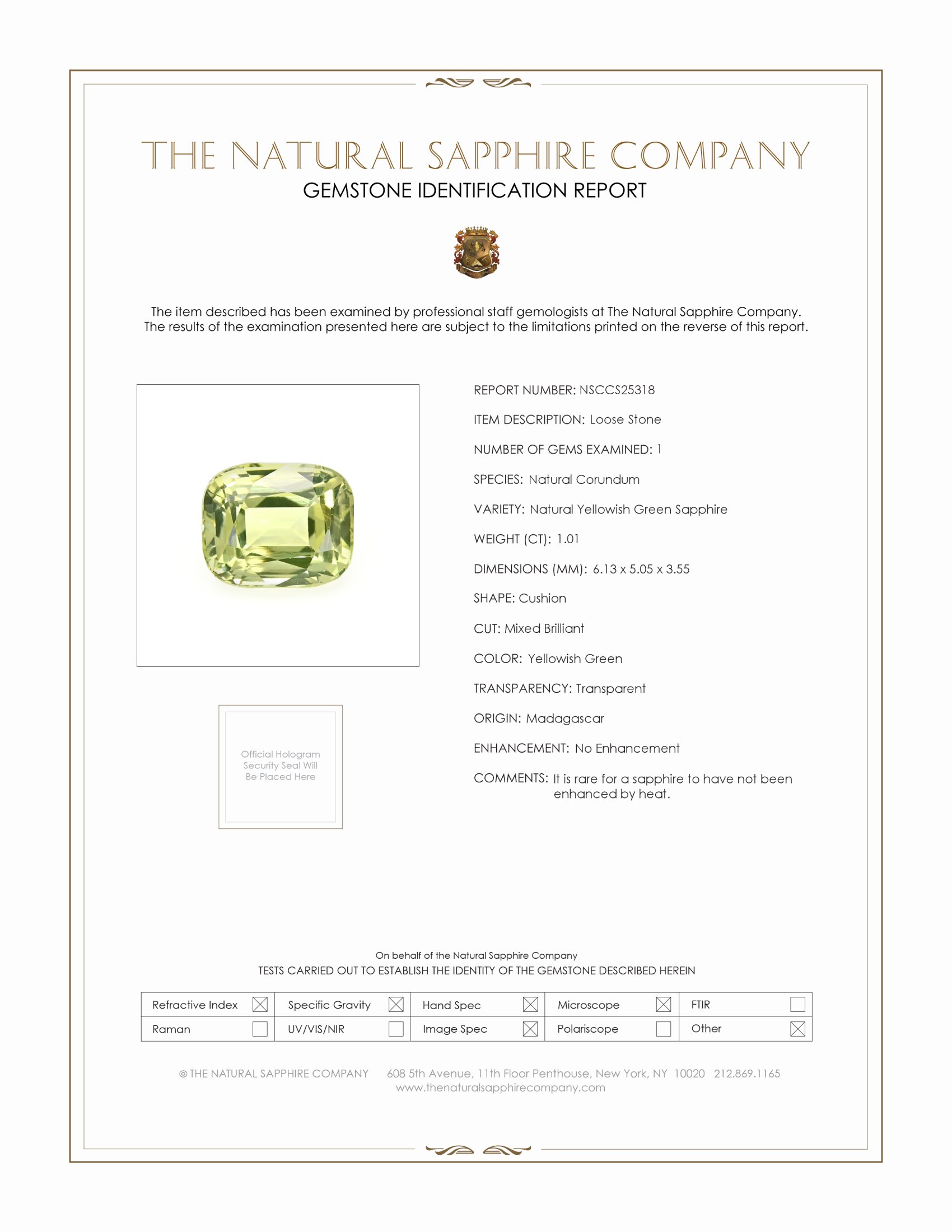 1.01 Ct. Yellowish Green Sapphire from Madagascar
