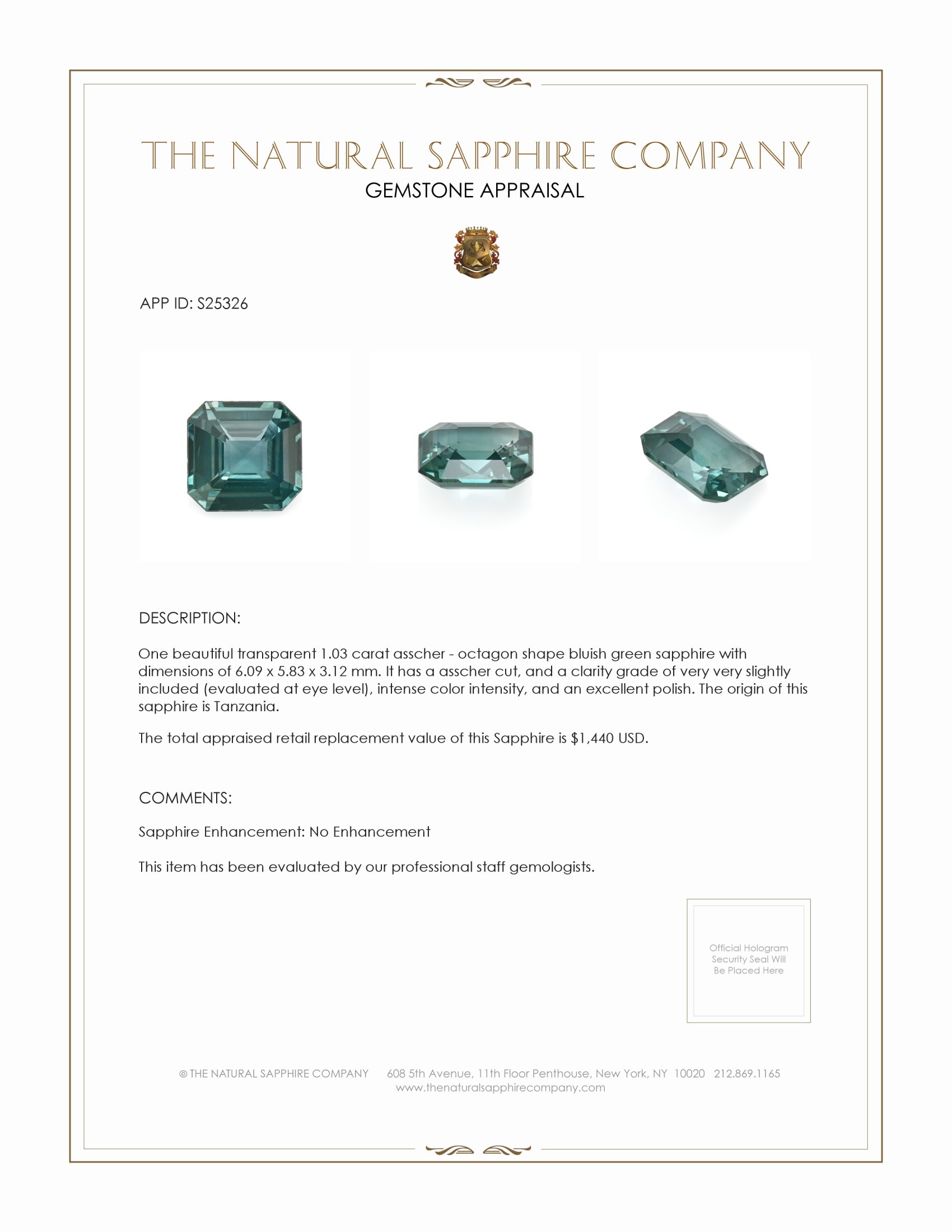 1.03 Ct. Bluish Green Sapphire from Tanzania