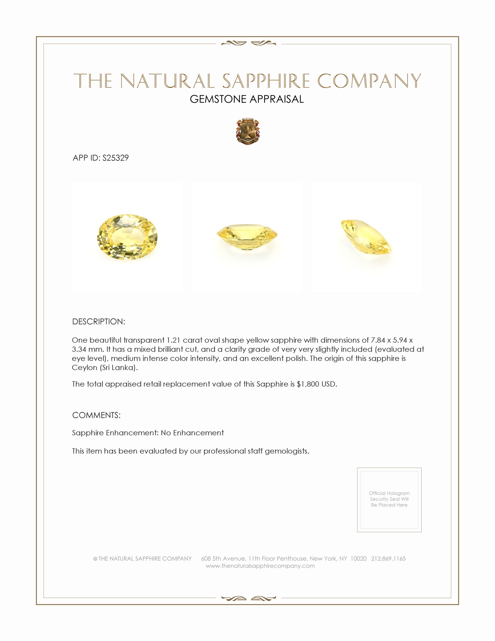 1.21 Ct. Yellow Sapphire from Ceylon (Sri Lanka)