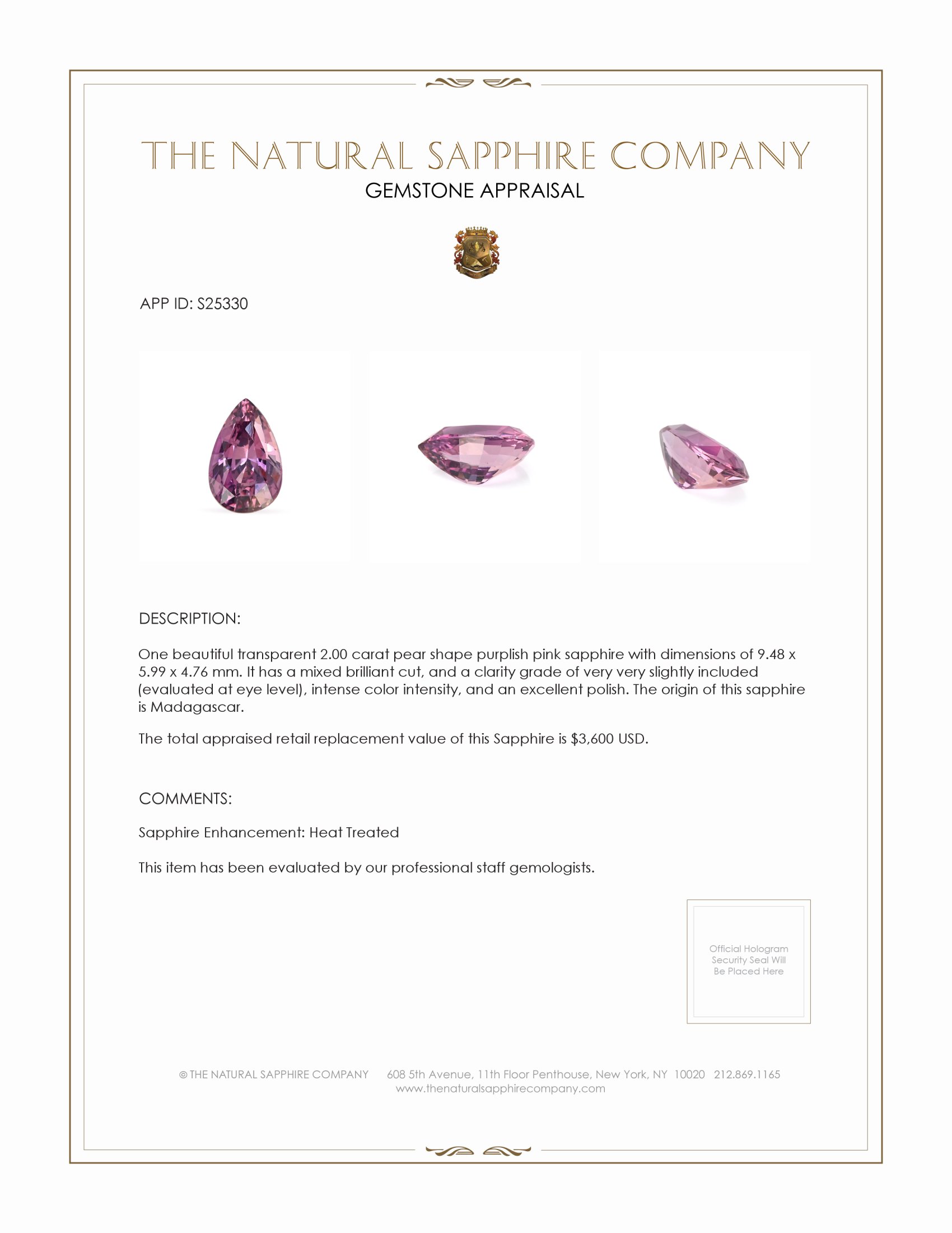 2.00 Ct. Purplish Pink Sapphire from Madagascar