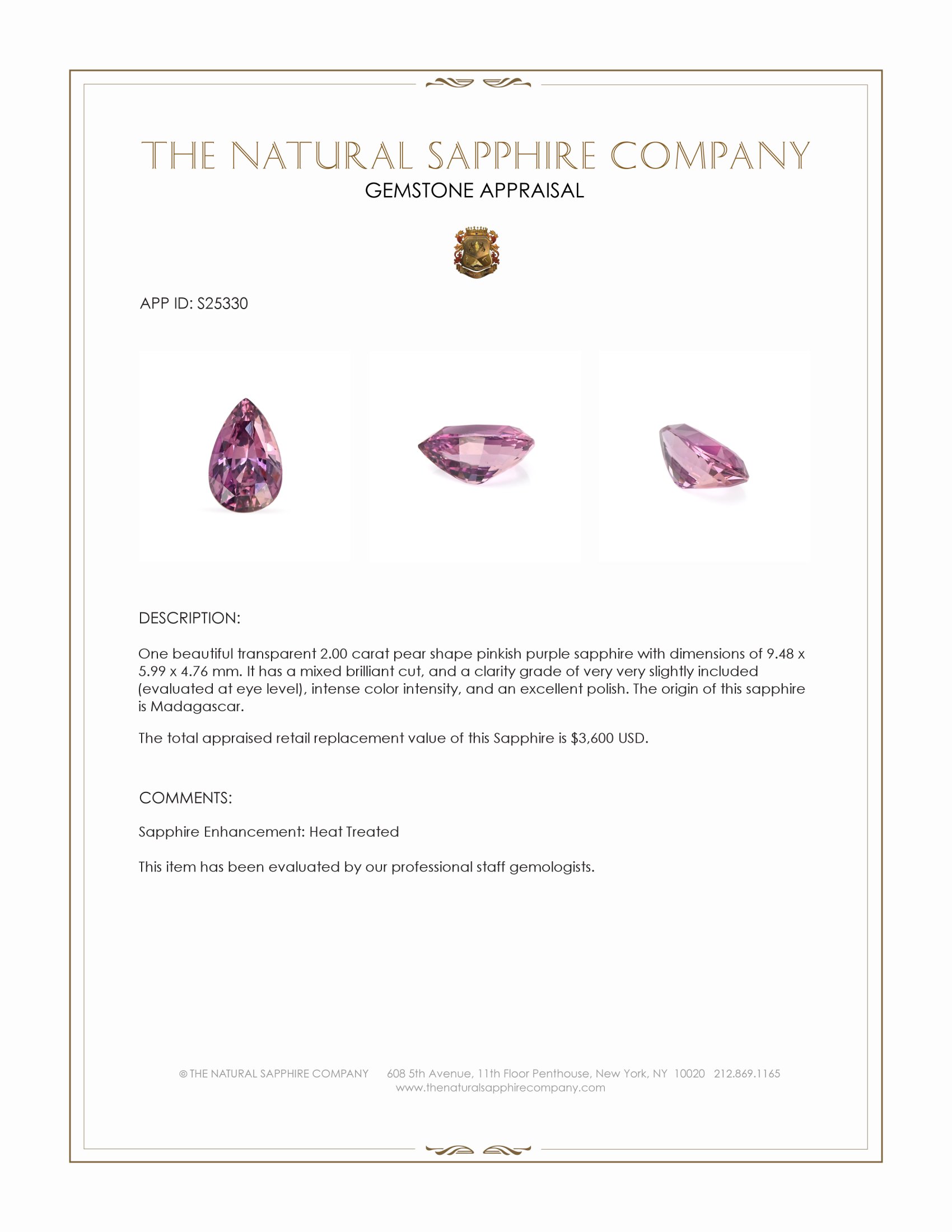 2.00 Ct. Pinkish Purple Sapphire from Madagascar