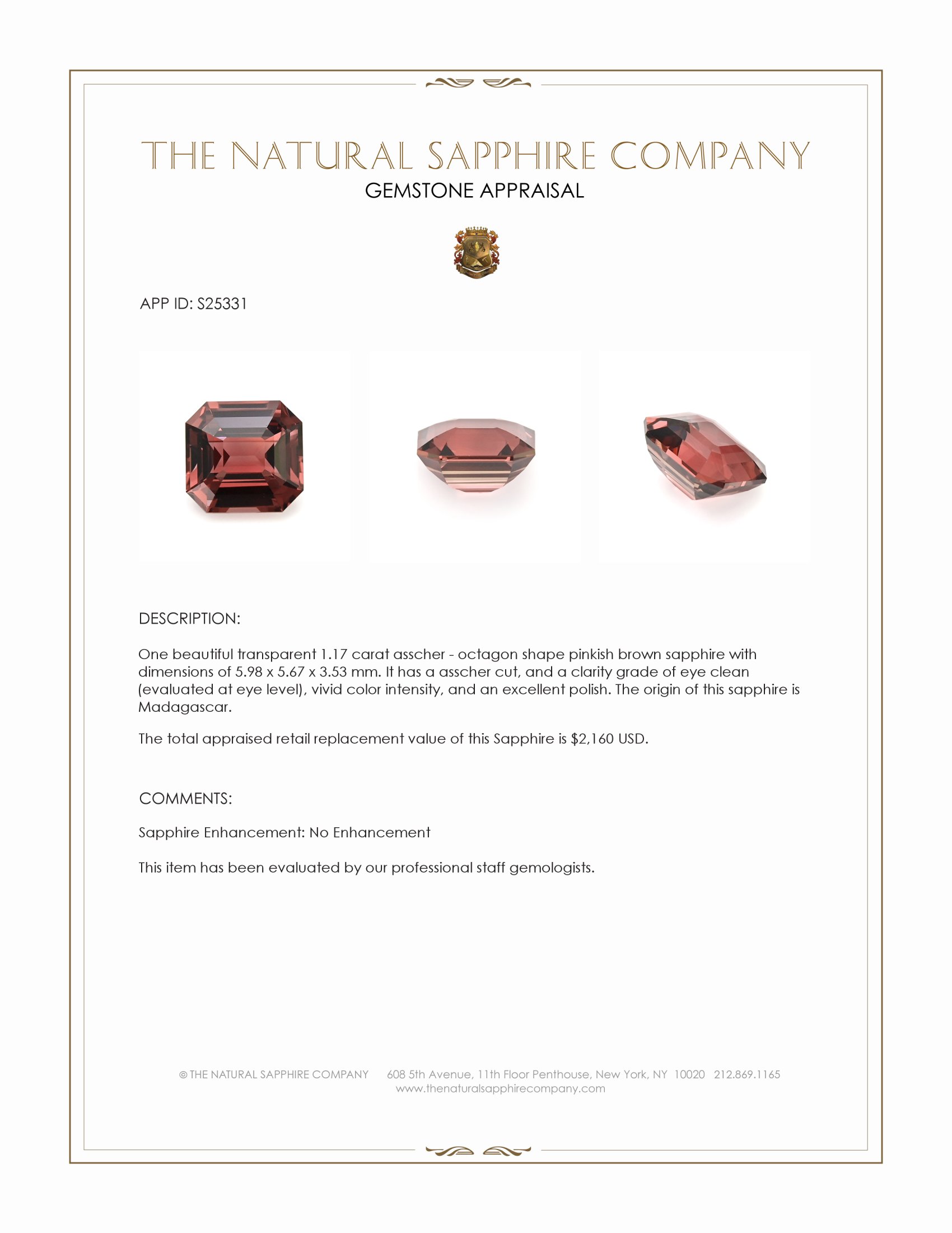 1.17 Ct. Pinkish Brown Sapphire from Madagascar