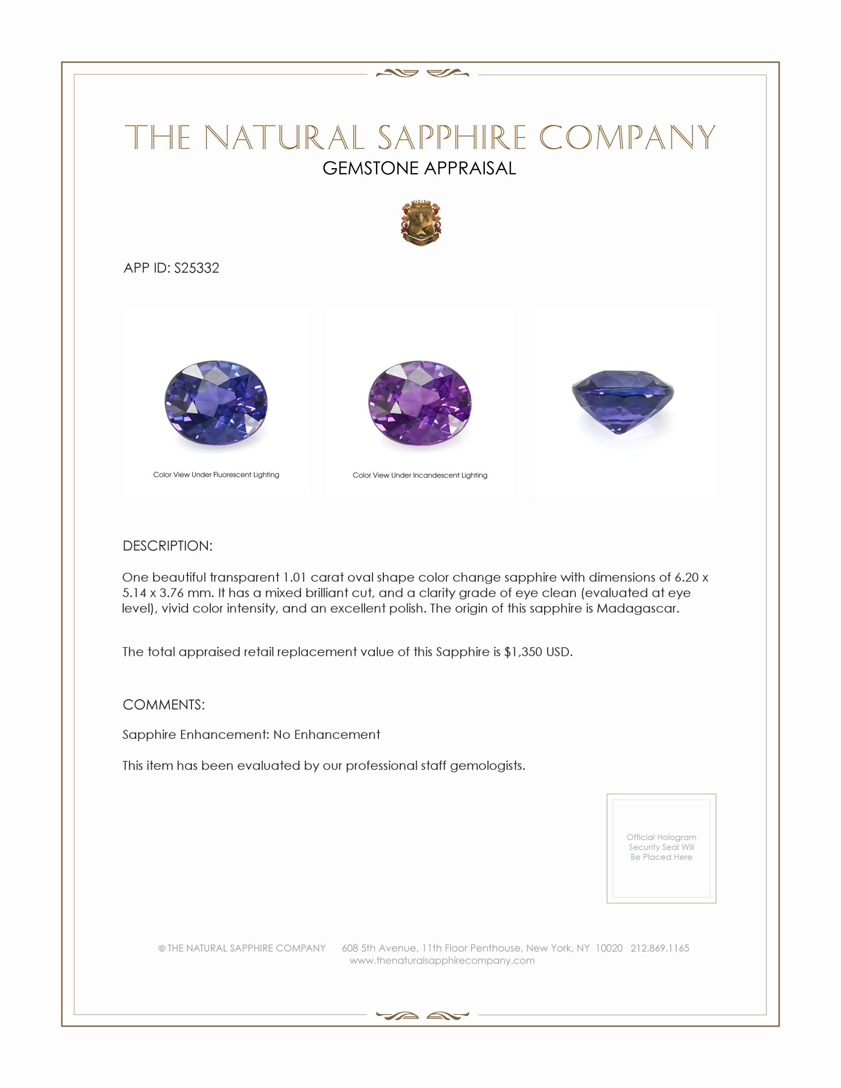 1.01 Ct. Color Change Sapphire from Madagascar