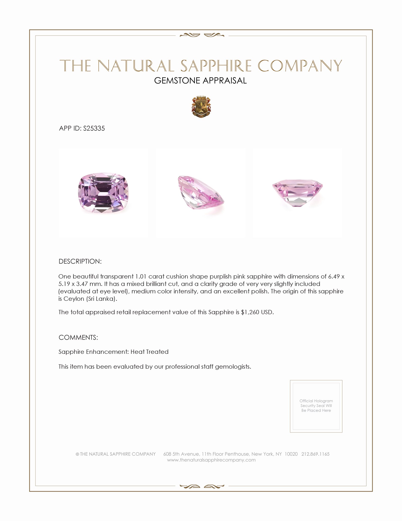 1.01 Ct. Purplish Pink Sapphire from Ceylon (Sri Lanka)