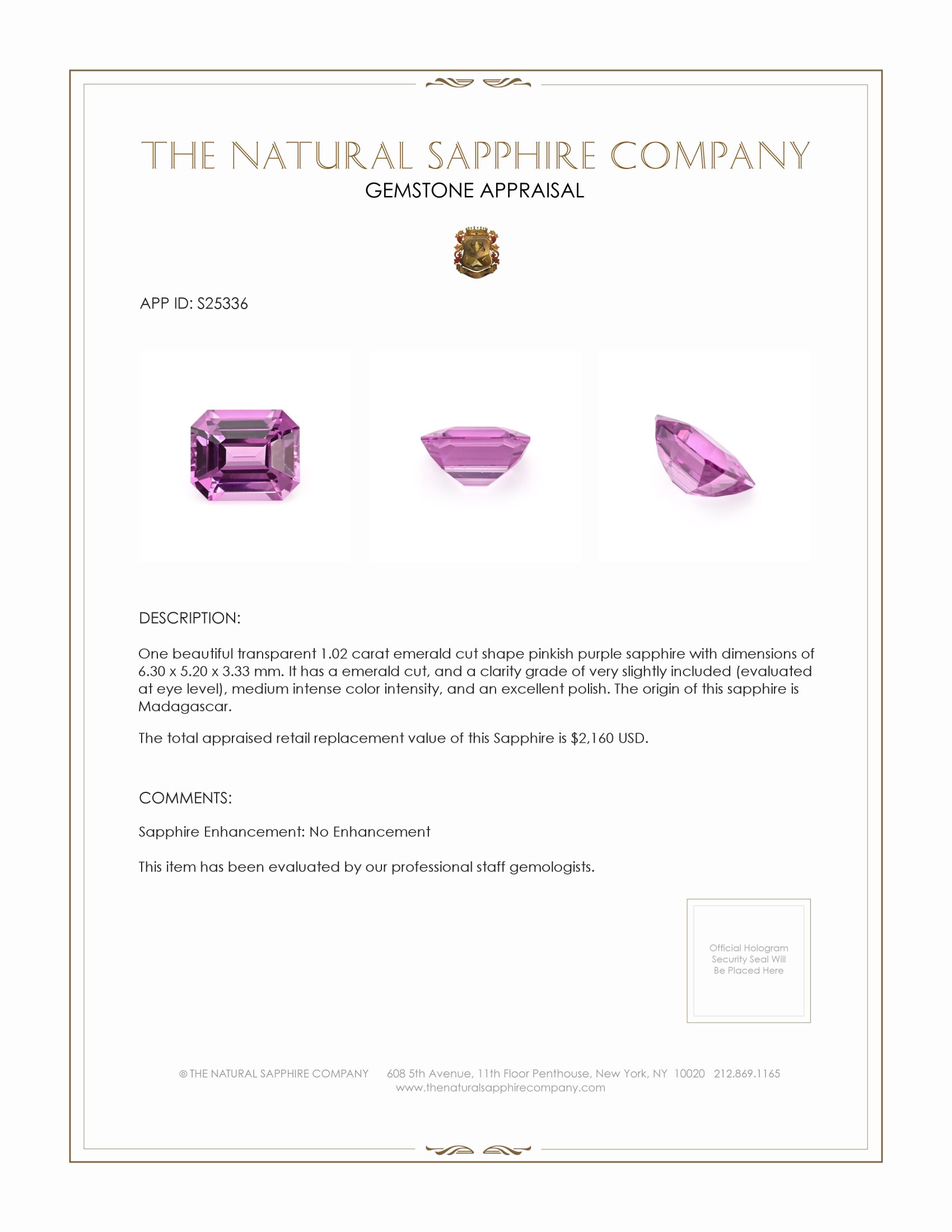 1.02 Ct. Purplish Pink Sapphire from Madagascar