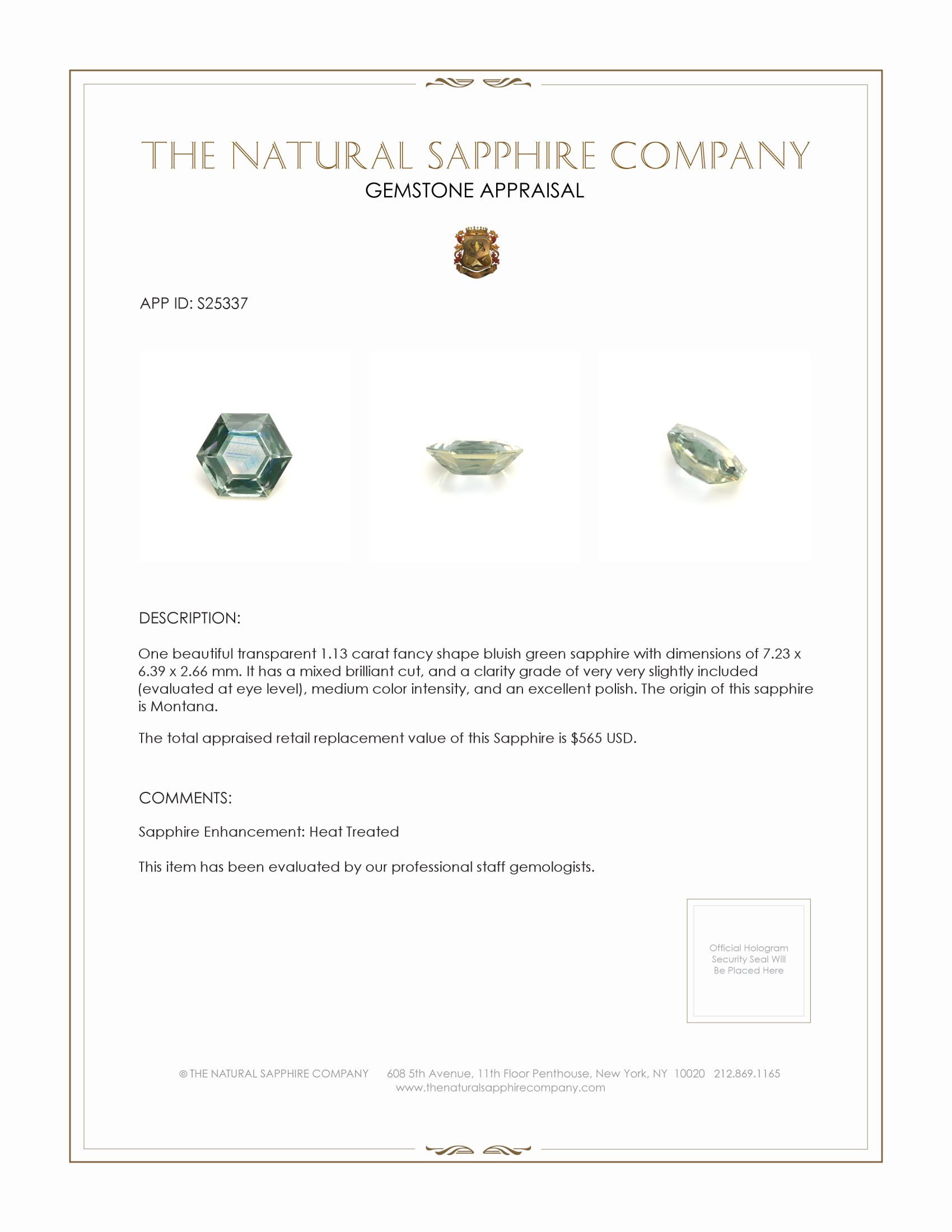 1.13 Ct. Bluish Green Sapphire from Montana