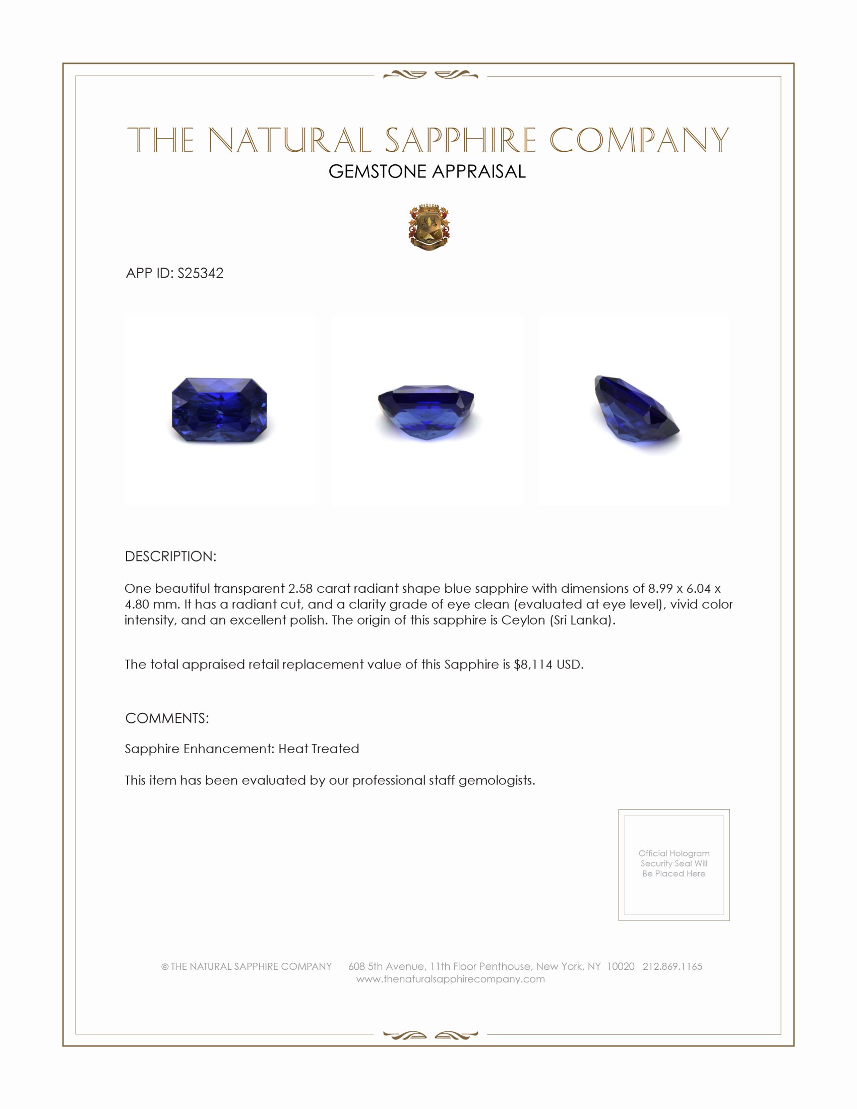 2.58 Ct. Blue Sapphire from Ceylon (Sri Lanka)