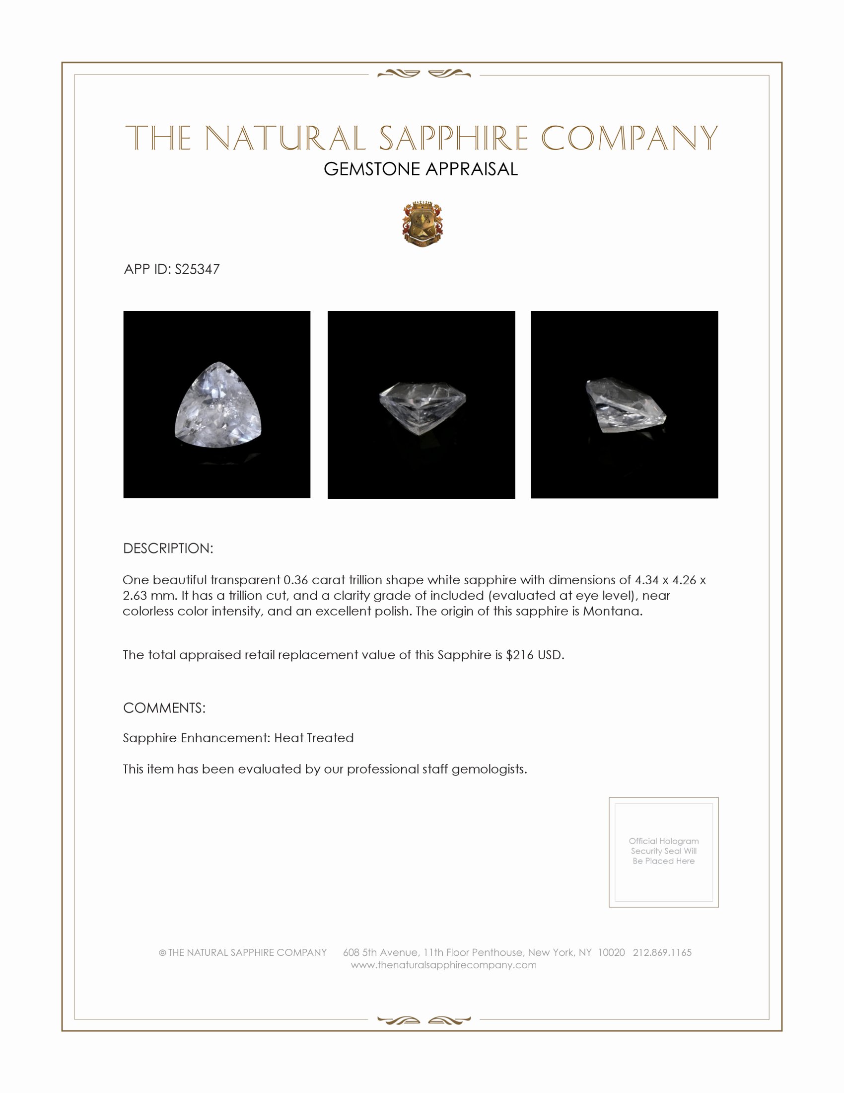 0.36 Ct. White Sapphire from Montana