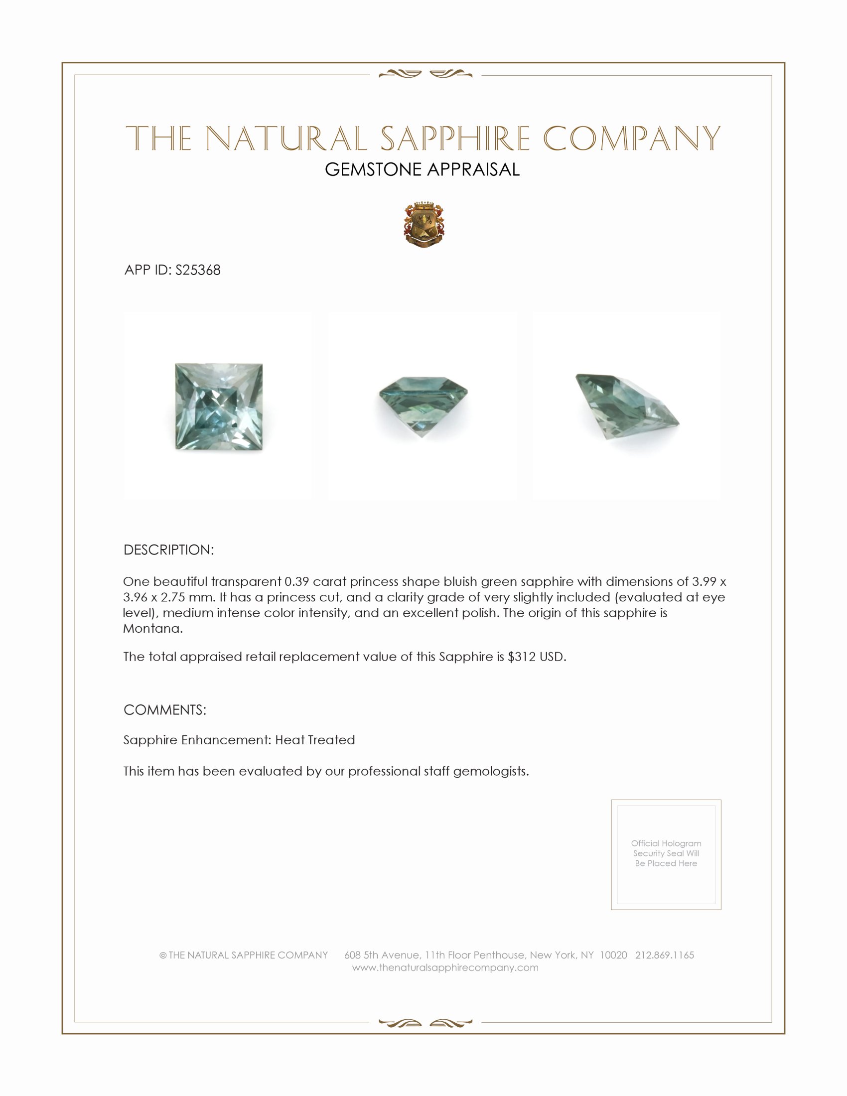 0.39 Ct. Bluish Green Sapphire from Montana