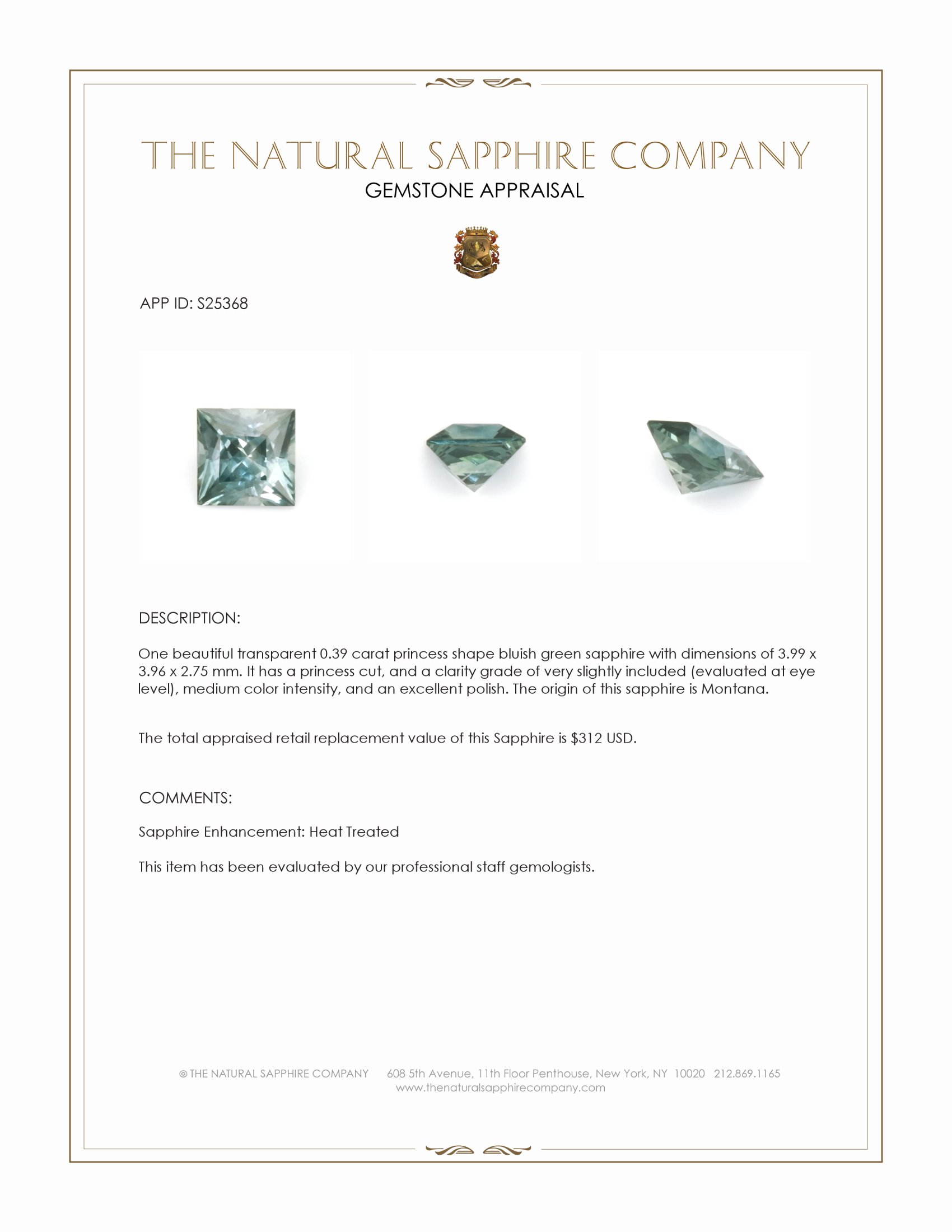 0.39 Ct. Bluish Green Sapphire from Montana