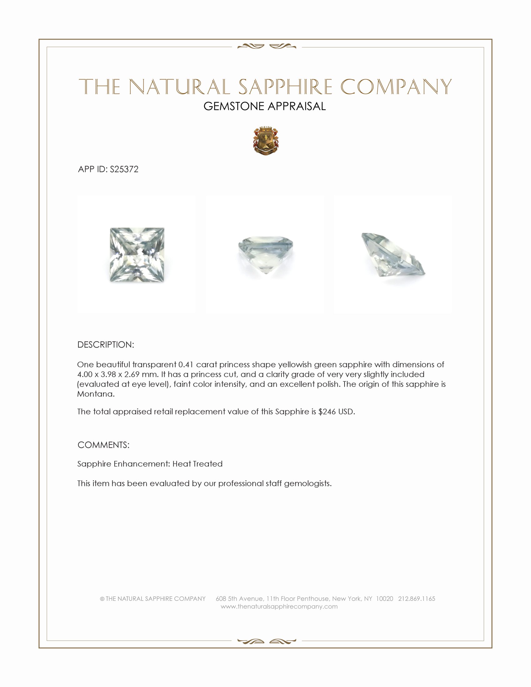 0.41 Ct. Yellowish Green Sapphire from Montana
