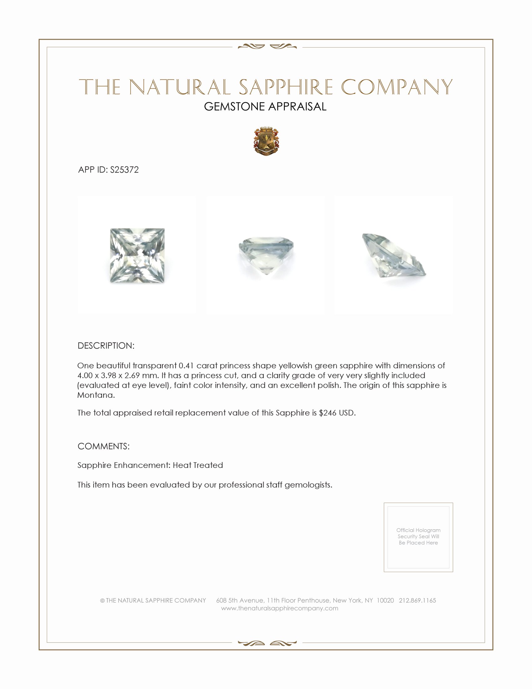 0.41 Ct. Yellowish Green Sapphire from Montana
