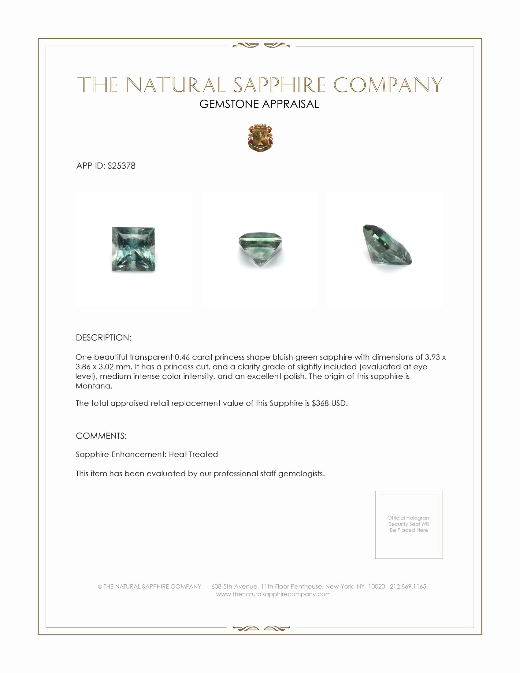 0.46 Ct. Bluish Green Sapphire from Montana