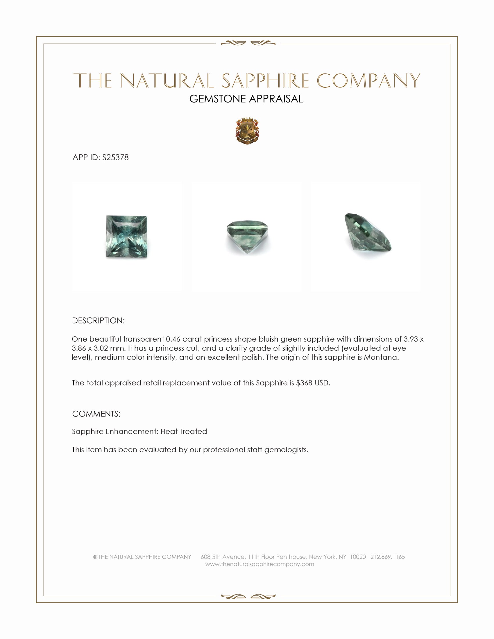 0.46 Ct. Bluish Green Sapphire from Montana