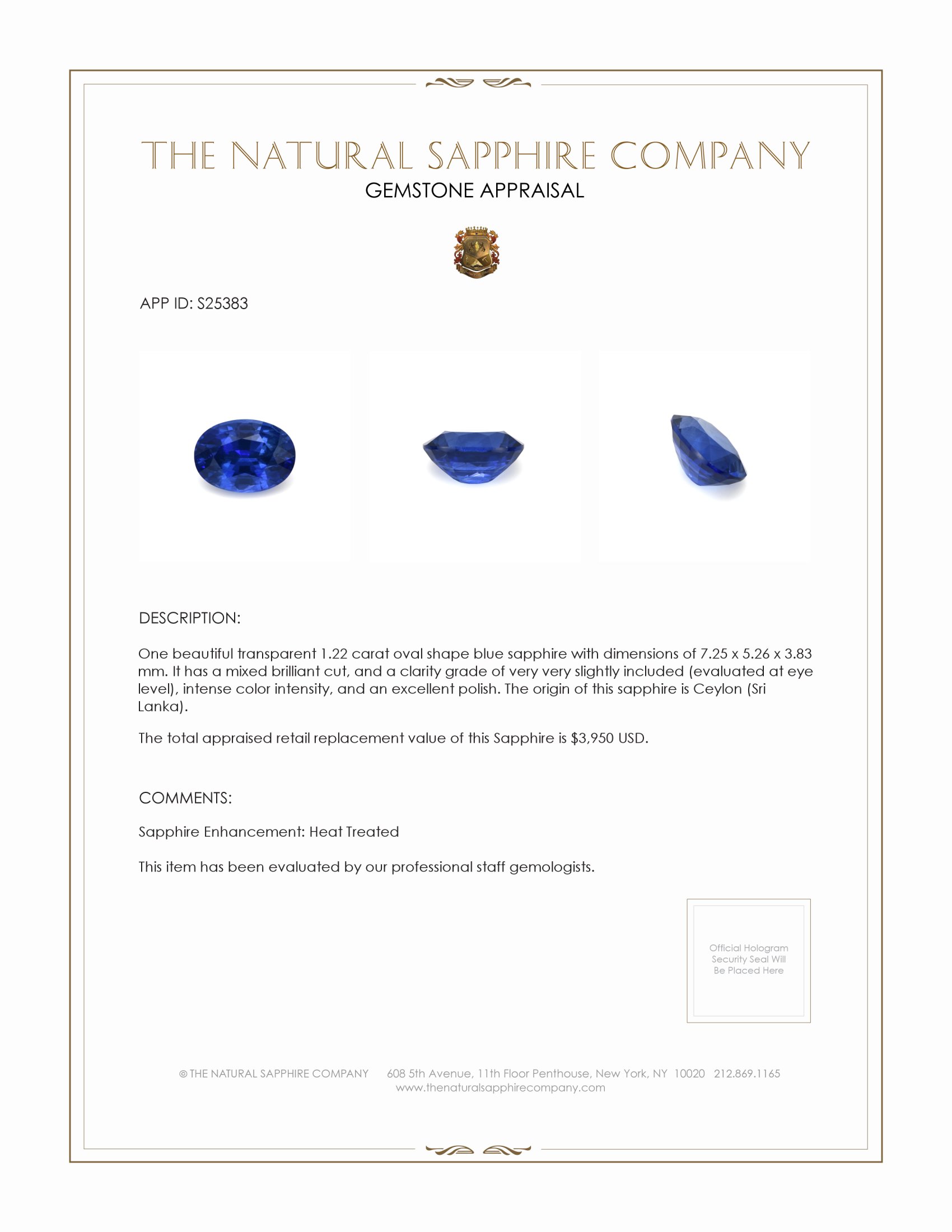 1.22 Ct. Blue Sapphire from Ceylon (Sri Lanka)