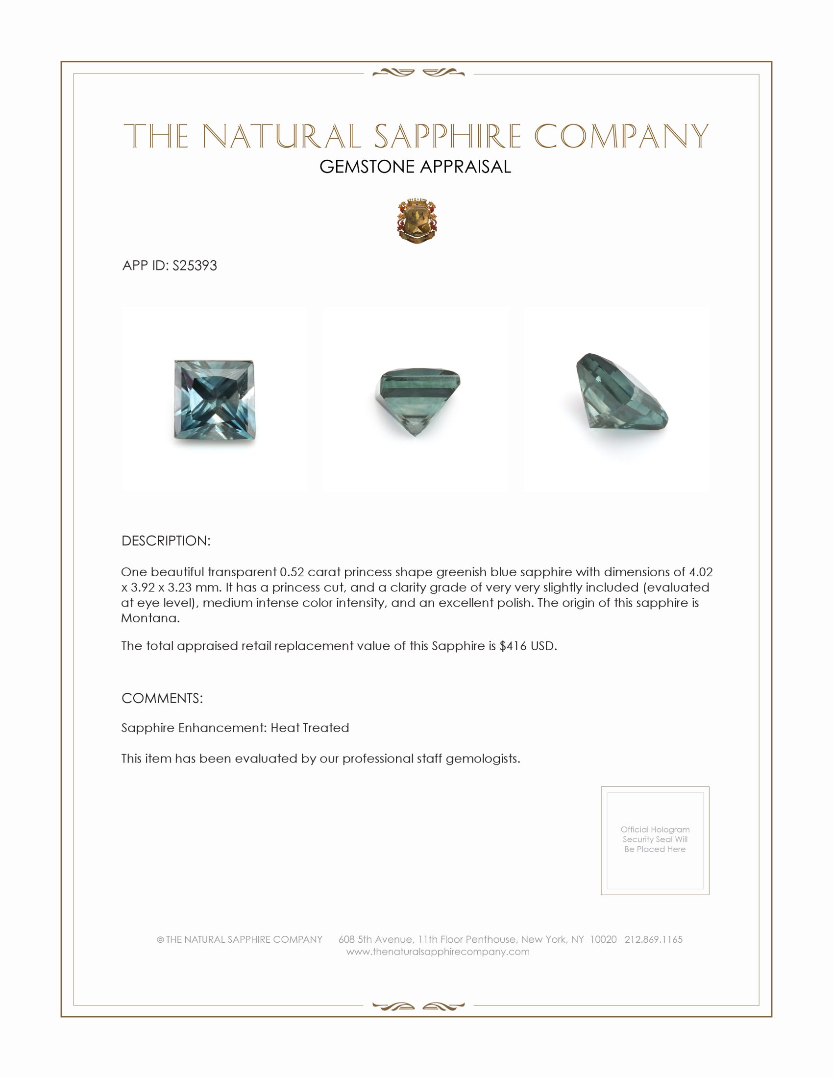 0.52 Ct. Greenish Blue Sapphire from Montana