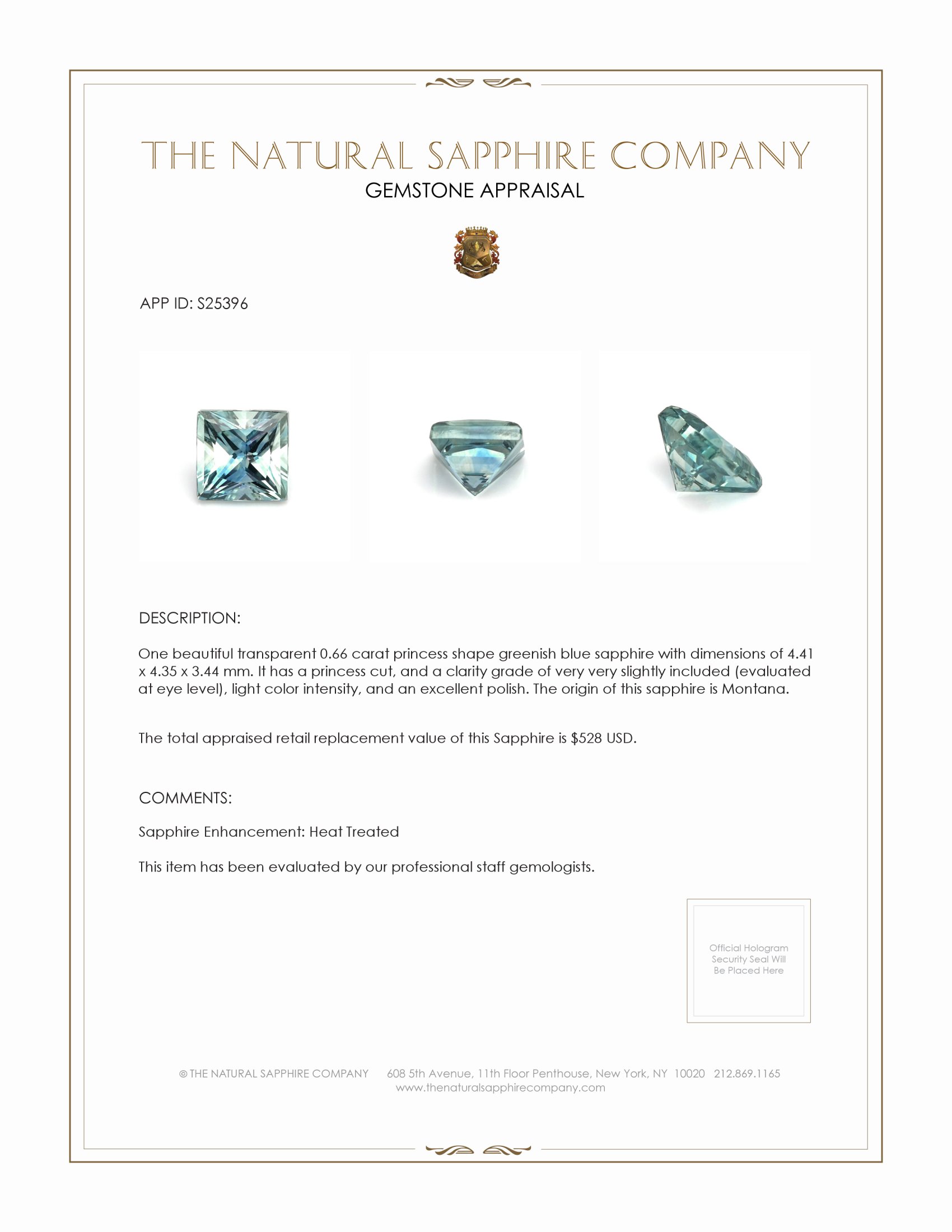 0.66 Ct. Greenish Blue Sapphire from Montana