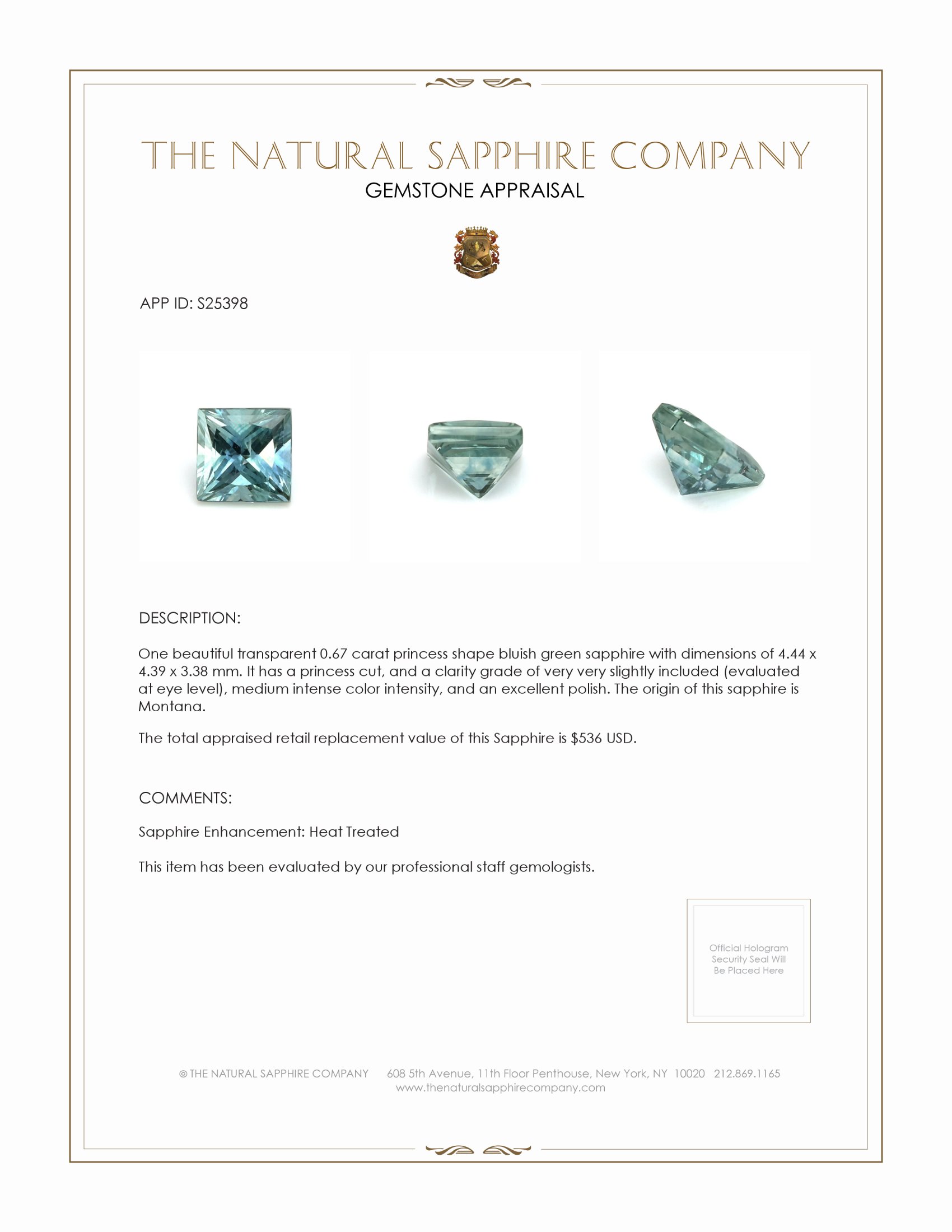 0.67 Ct. Bluish Green Sapphire from Montana