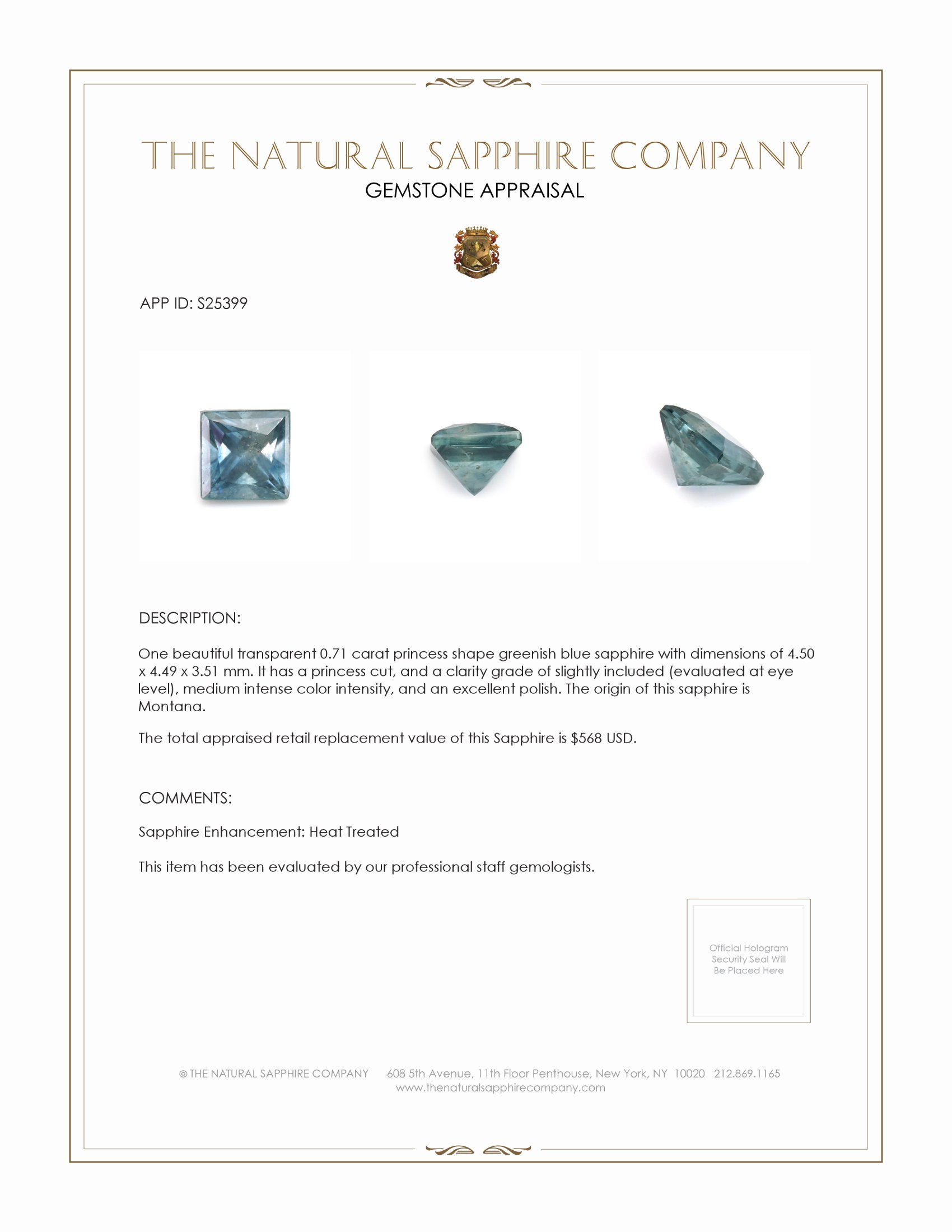 0.71 Ct. Greenish Blue Sapphire from Montana