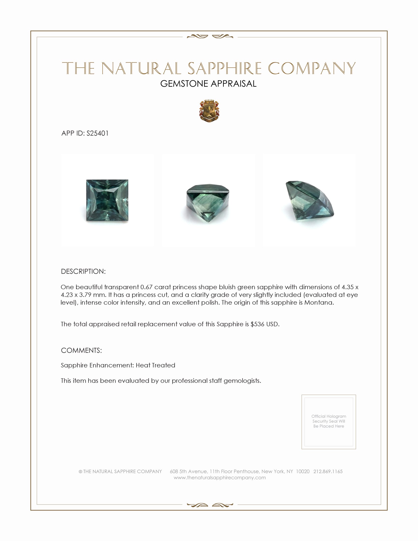 0.67 Ct. Bluish Green Sapphire from Montana