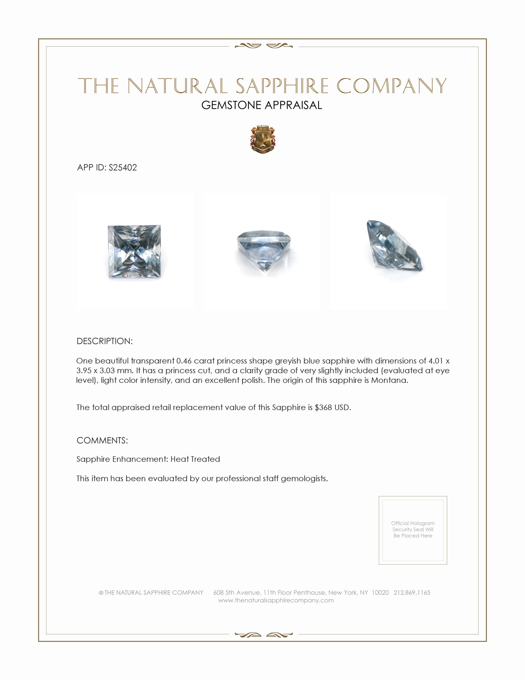0.46 Ct. Greyish Blue Sapphire from Montana