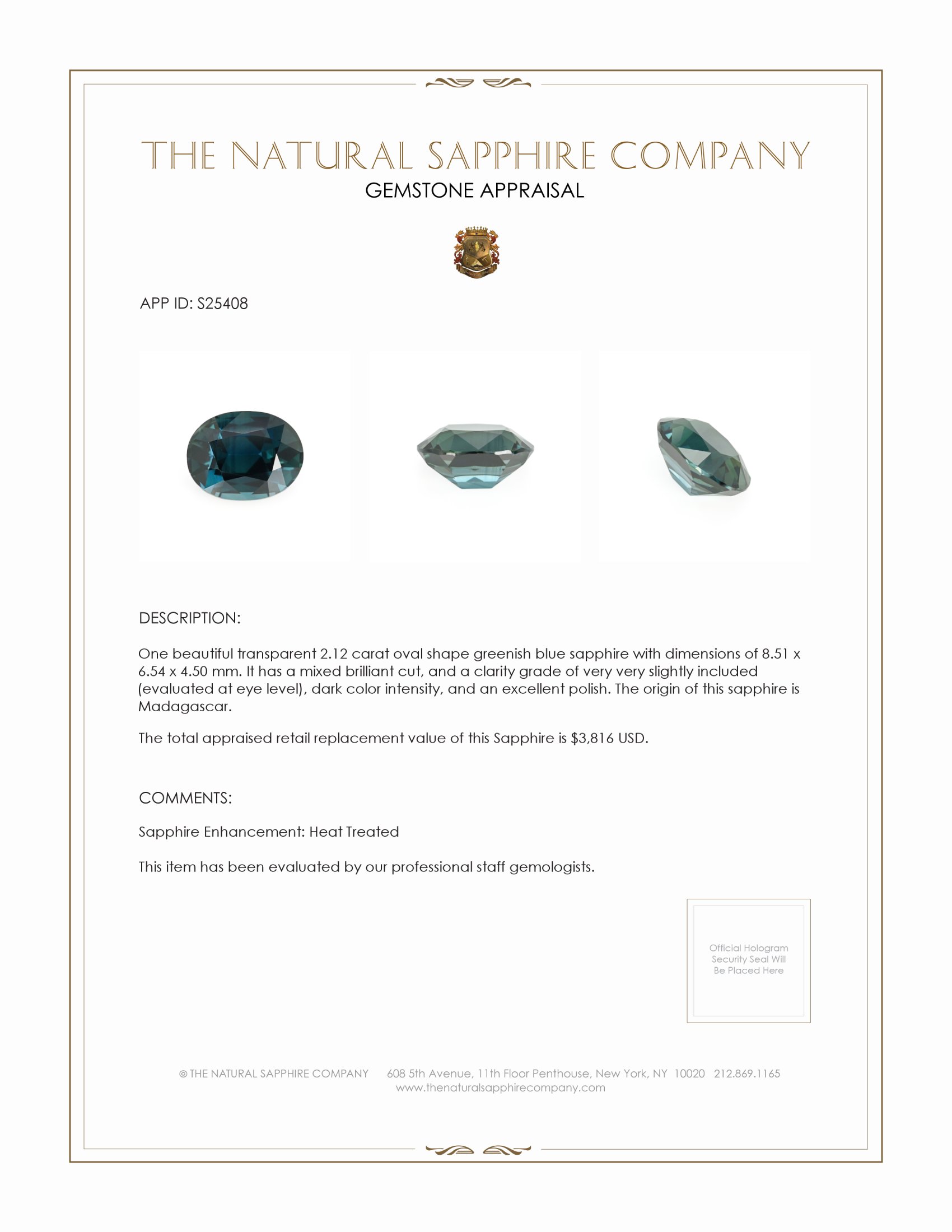 2.12 Ct. Greenish Blue Sapphire from Madagascar