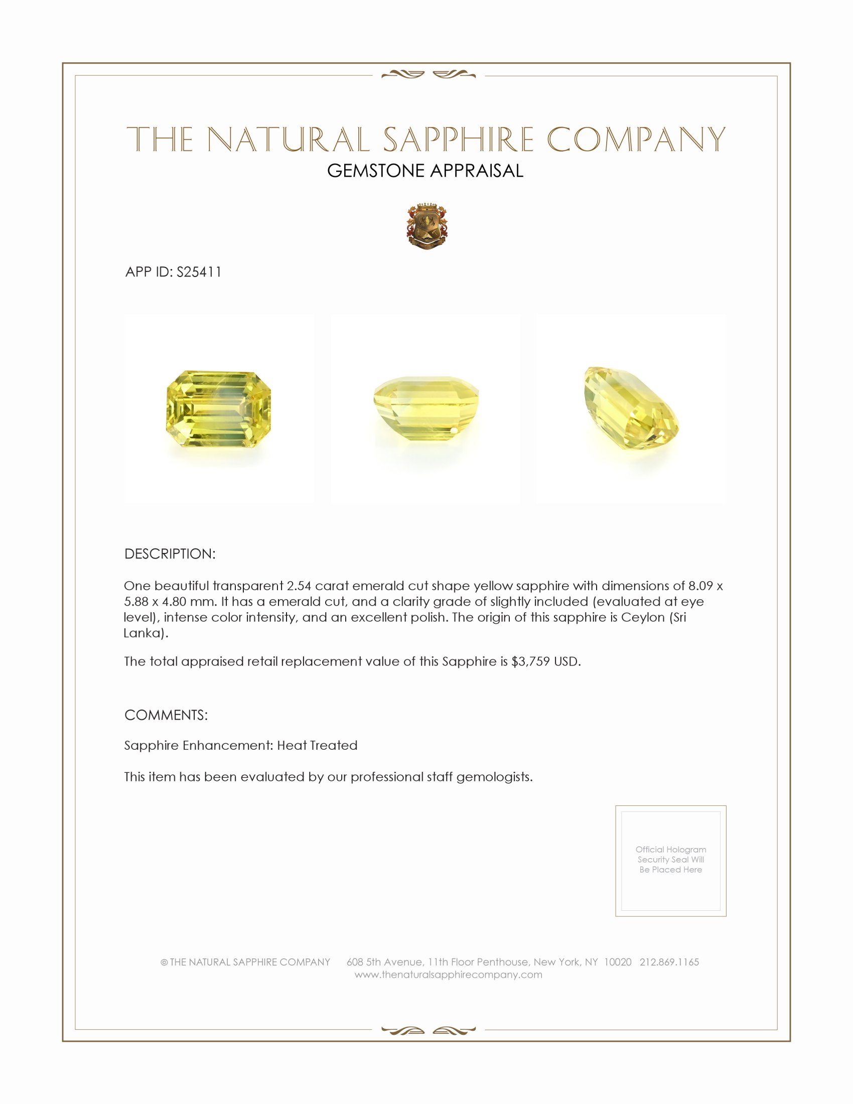 2.54 Ct. Yellow Sapphire from Ceylon (Sri Lanka)
