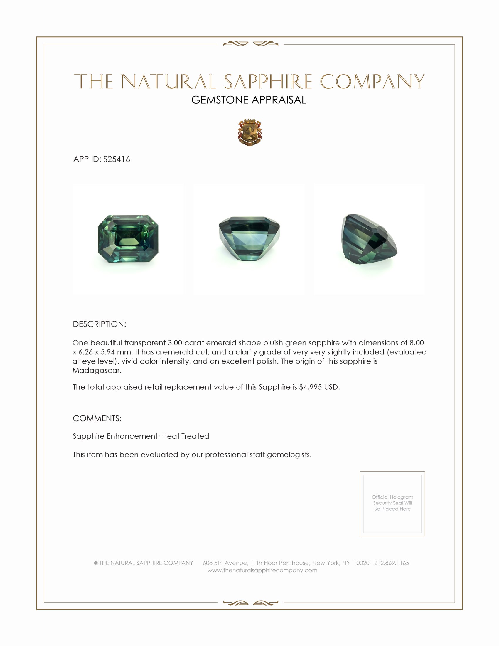 3.00 Ct. Yellowish Green Sapphire from Madagascar