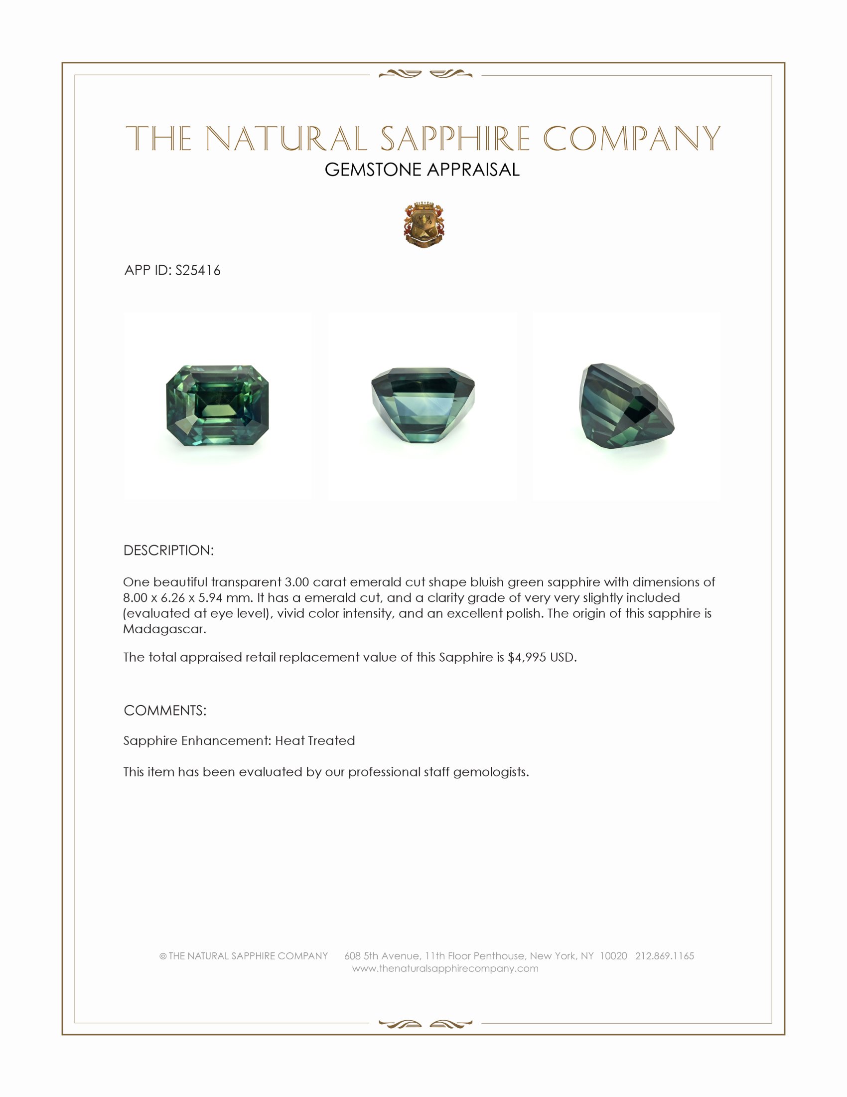 3.00 Ct. Bluish Green Sapphire from Madagascar