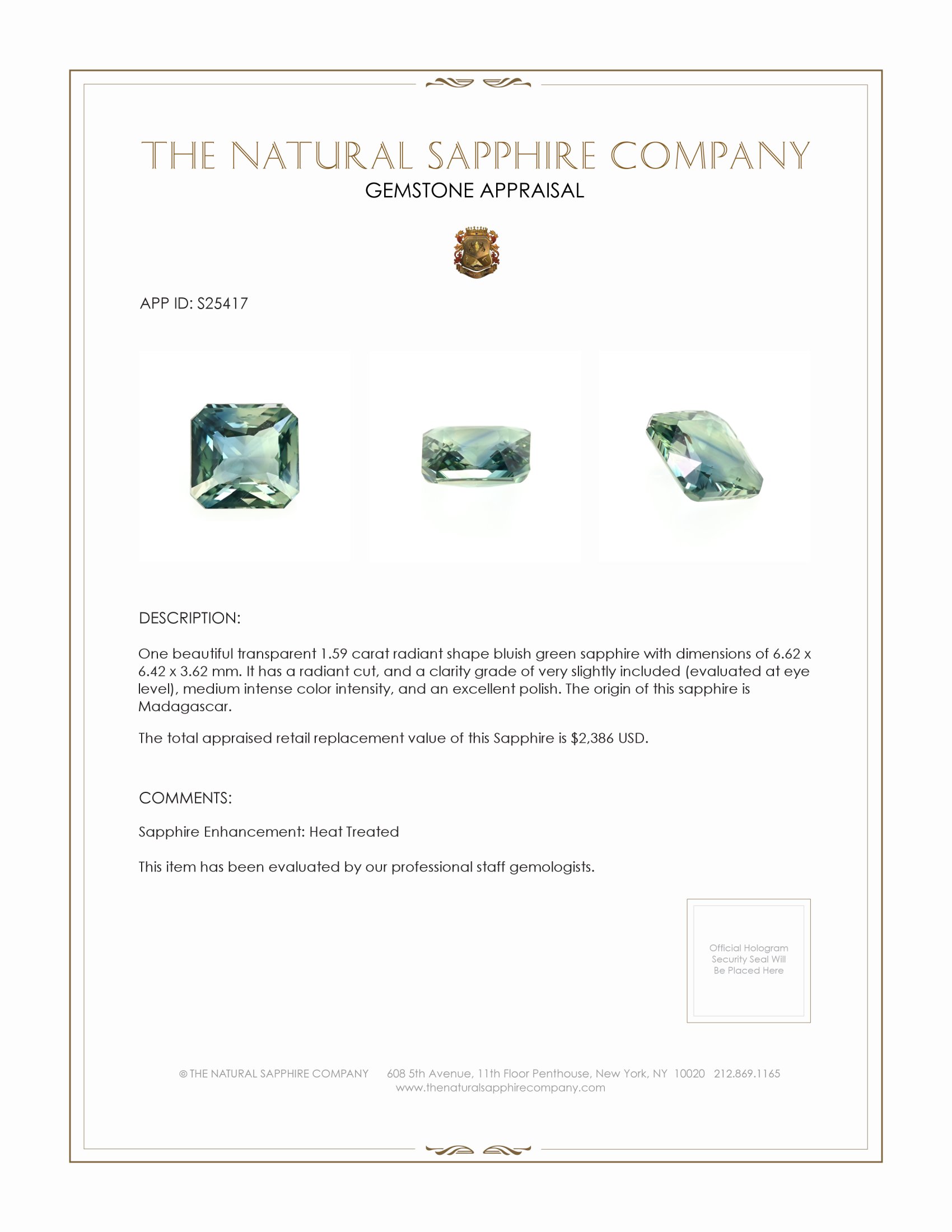 1.59 Ct. Bluish Green Sapphire from Madagascar