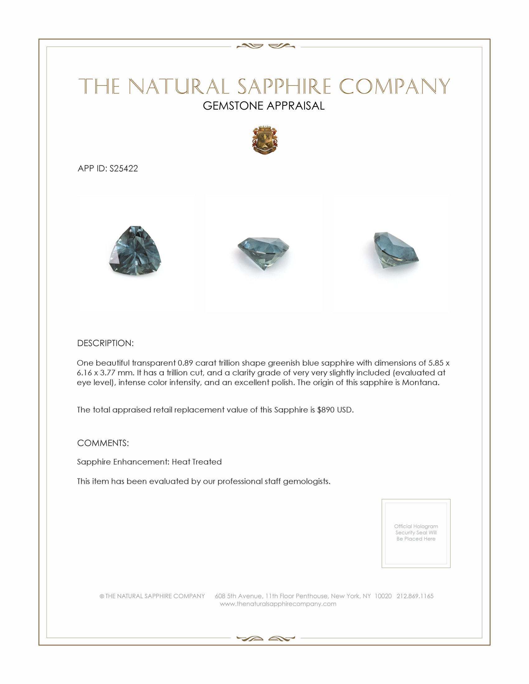 0.89 Ct. Greenish Blue Sapphire from Montana