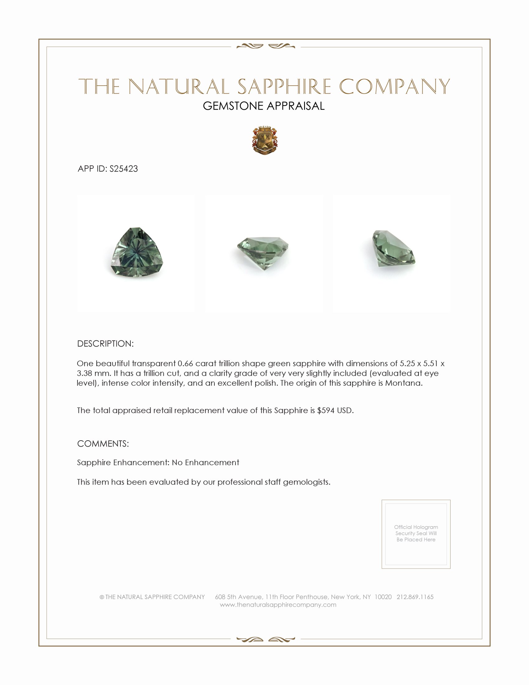 0.66 Ct. Green Sapphire from Montana
